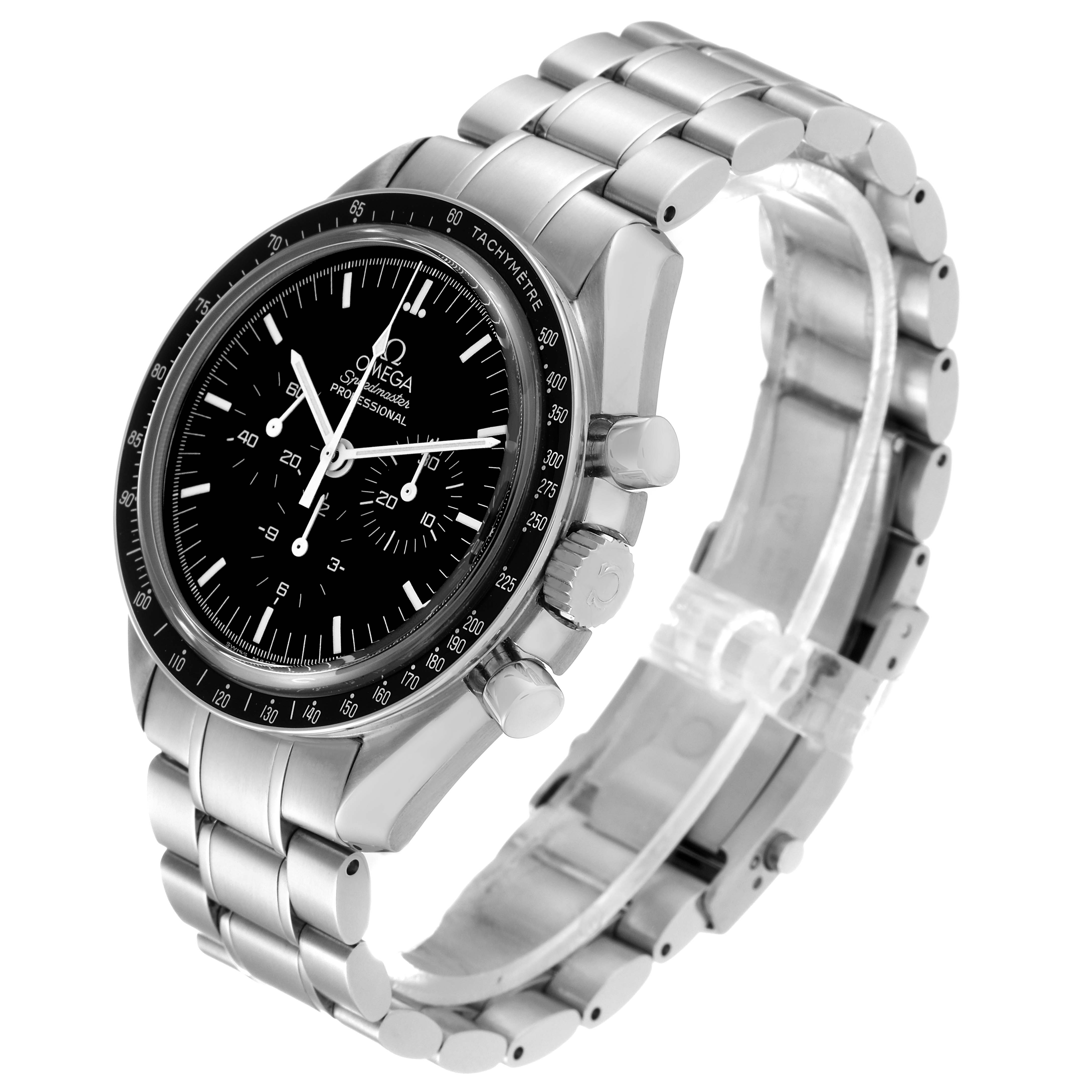 The Omega Speedmaster 3573.50.00 Men
s Stainless Steel Black Dial 3573.50.00 Men
s Stainless Steel Black Dial watch is shown in a 3/4 view, highlighting its face, bezel, crown, pushers, and metal bracelet.