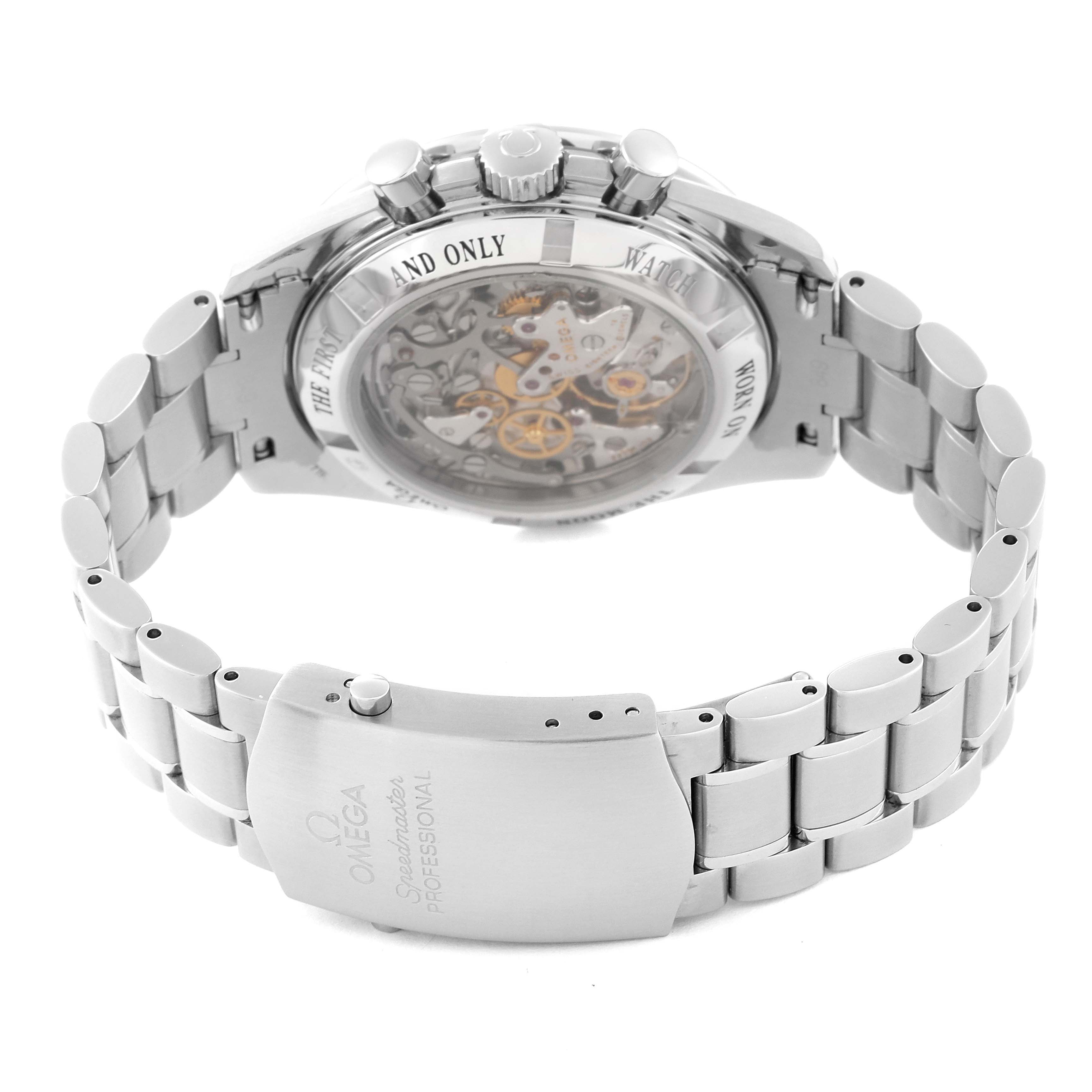 The image shows the back view of an Omega Speedmaster 3573.50.00 Men
s Stainless Steel Black Dial 3573.50.00 Men
s Stainless Steel Black Dial, highlighting the transparent case back and stainless steel bracelet.