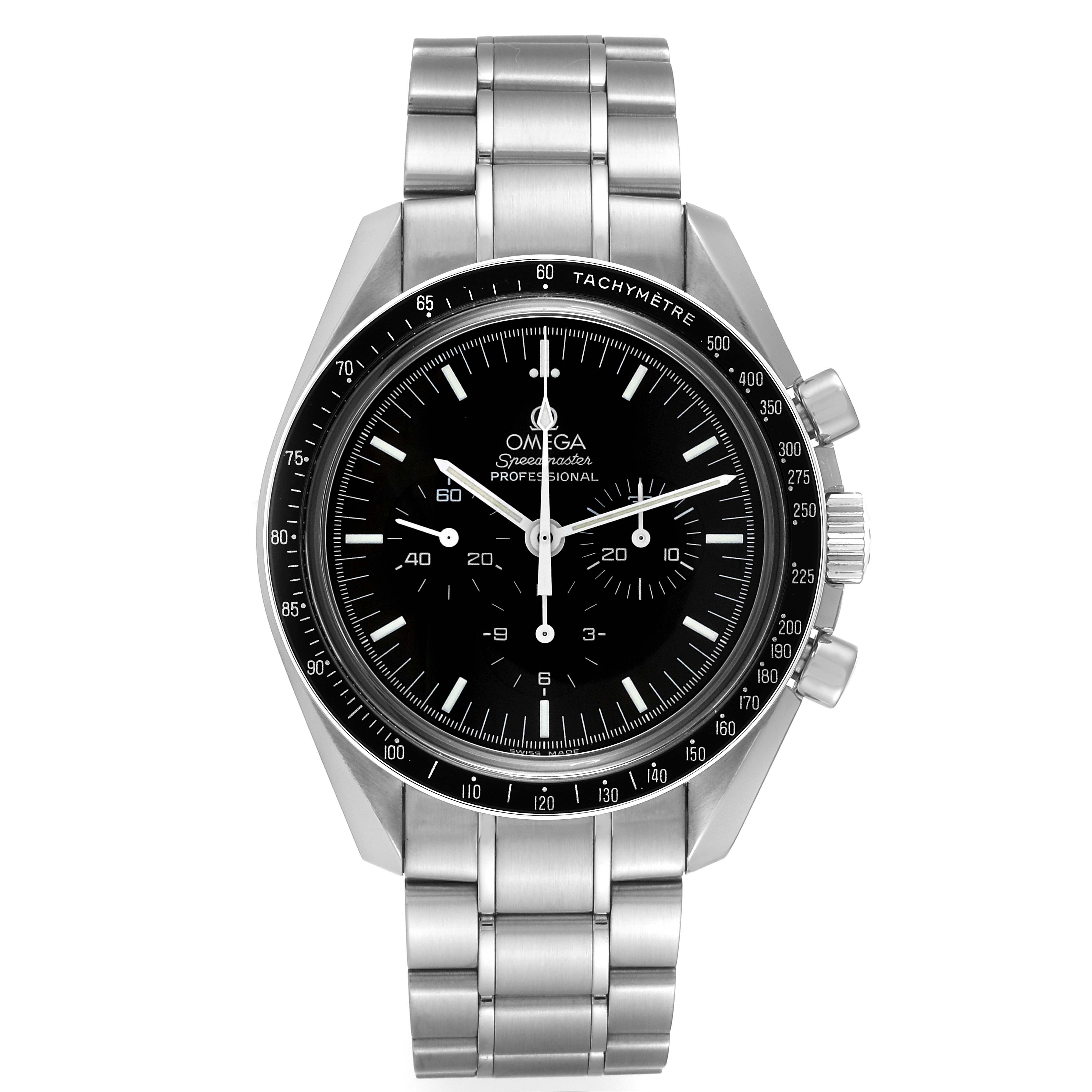 This image shows a front view of the Omega Speedmaster 3573.50.00 Men
s Stainless Steel Black Dial 3573.50.00 Men
s Stainless Steel Black Dial watch, displaying its dial, bezel, and stainless steel bracelet.