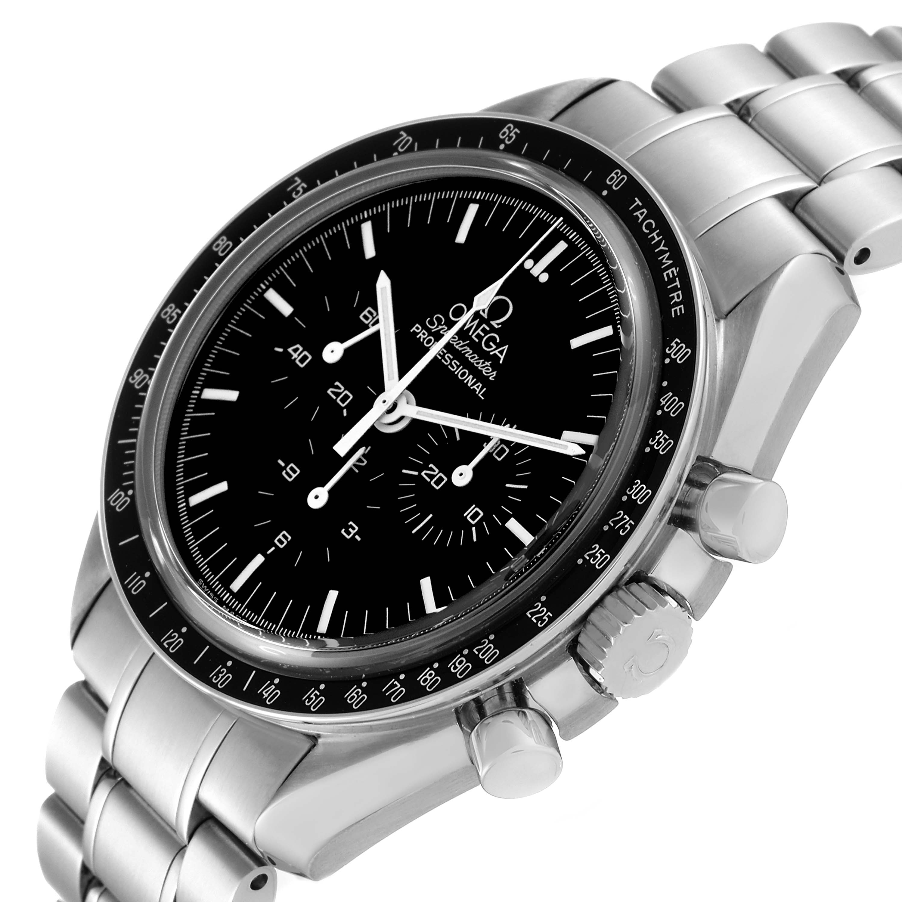 This image shows an Omega Speedmaster 3573.50.00 Men
s Stainless Steel Black Dial 3573.50.00 Men
s Stainless Steel Black Dial watch at a slightly angled side view, highlighting its dial, tachymeter bezel, and metal bracelet.