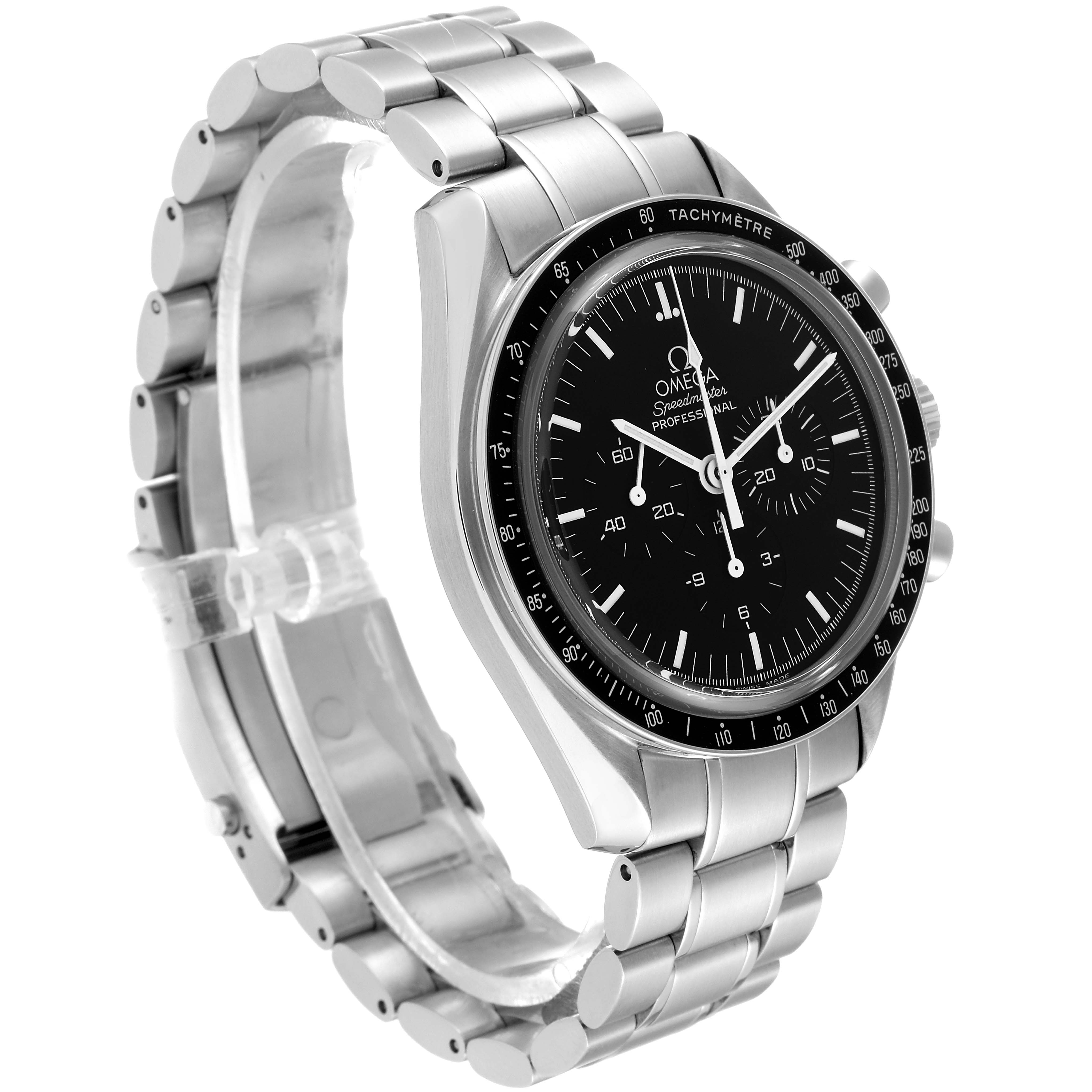 The image shows an Omega Speedmaster 3573.50.00 Men
s Stainless Steel Black Dial 3573.50.00 Men
s Stainless Steel Black Dial watch at a three-quarter angle, highlighting the dial, bezel, and stainless steel bracelet.