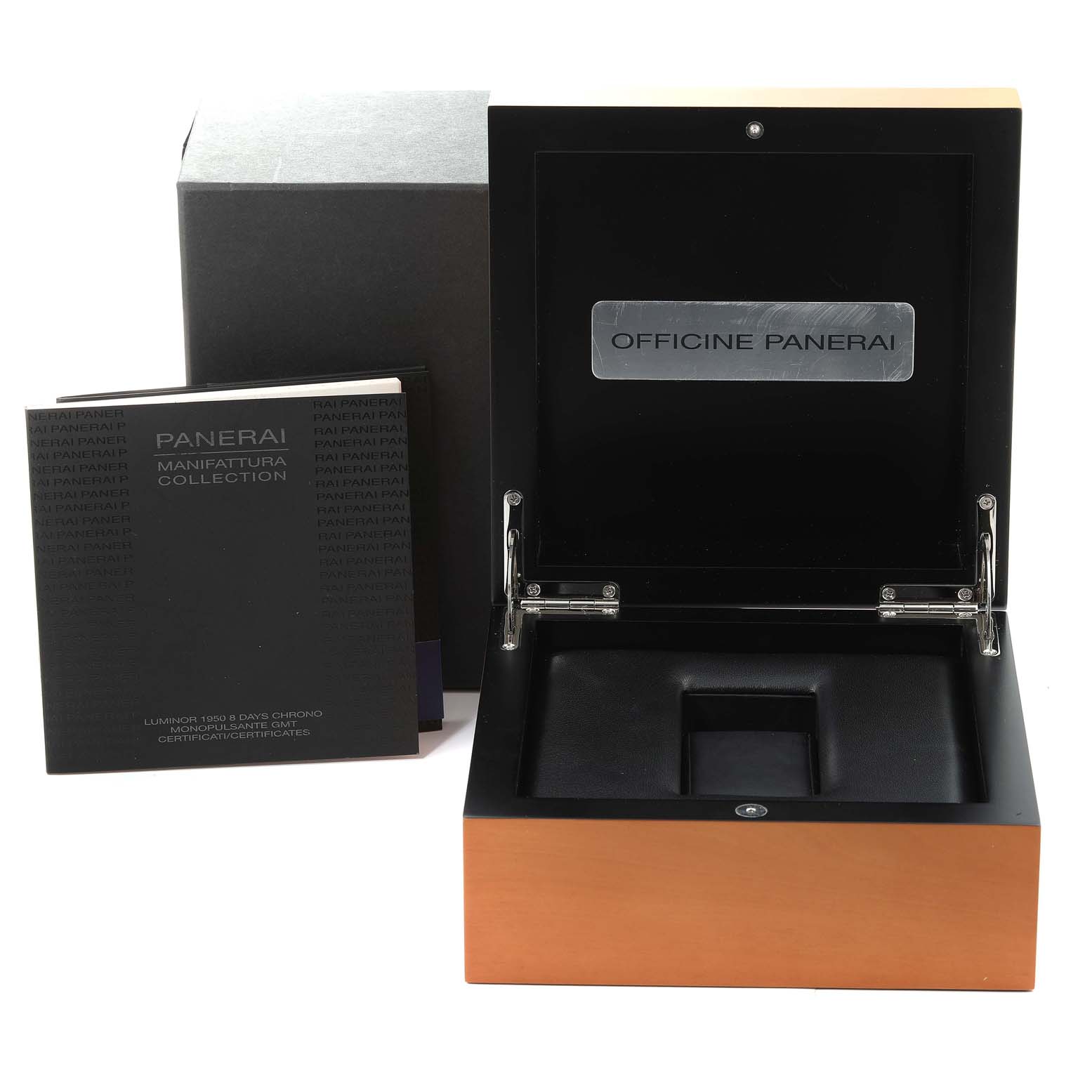 This image shows an open Panerai Luminor PAM00311 Men
s Titanium Brown Dial PAM00311 Men
s Titanium Brown Dial watch box with accompanying booklets.