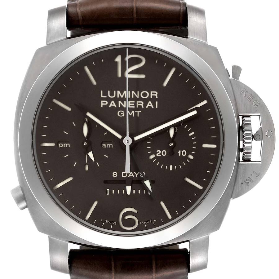 The Panerai Luminor PAM00311 Men
s Titanium Brown Dial watch is shown from a front angle, highlighting the dial, crown guard, and strap attachment.