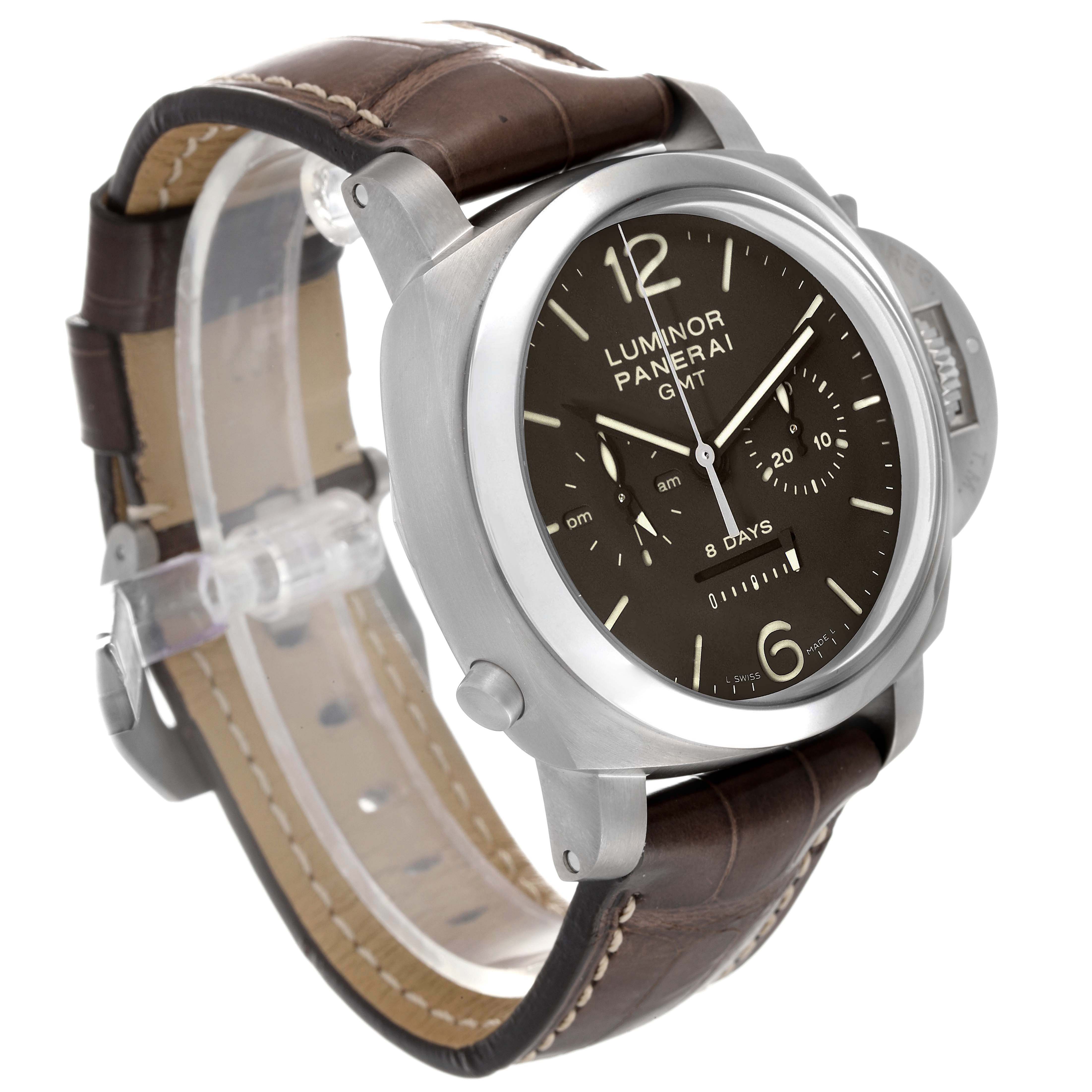 The Panerai Luminor PAM00311 Men
s Titanium Brown Dial watch is shown at a three-quarter angle, displaying the face, case, and part of the leather strap.