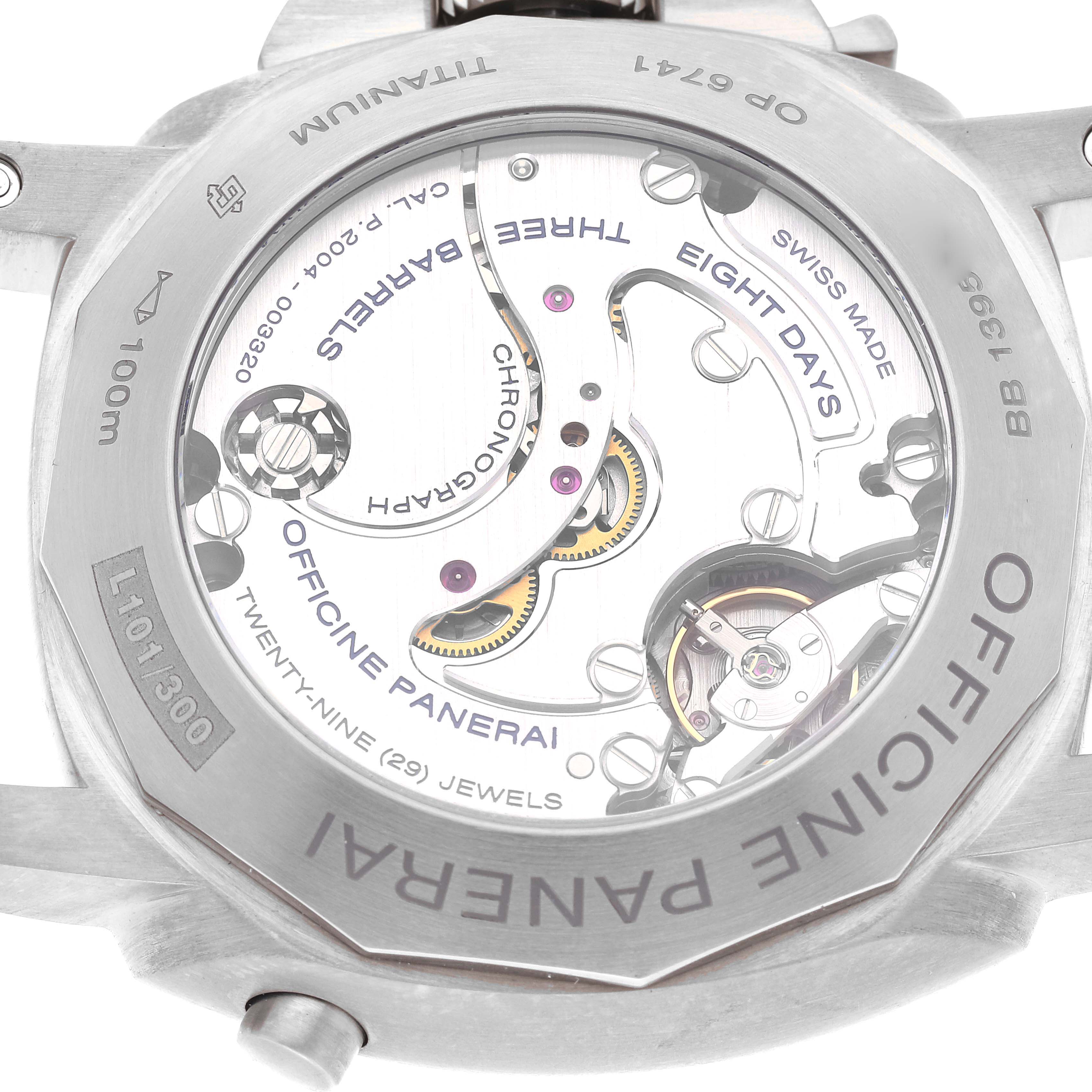 The image shows the back of a Panerai Luminor PAM00311 Men
s Titanium Brown Dial PAM00311 Men
s Titanium Brown Dial watch, revealing its internal mechanics and movement details.