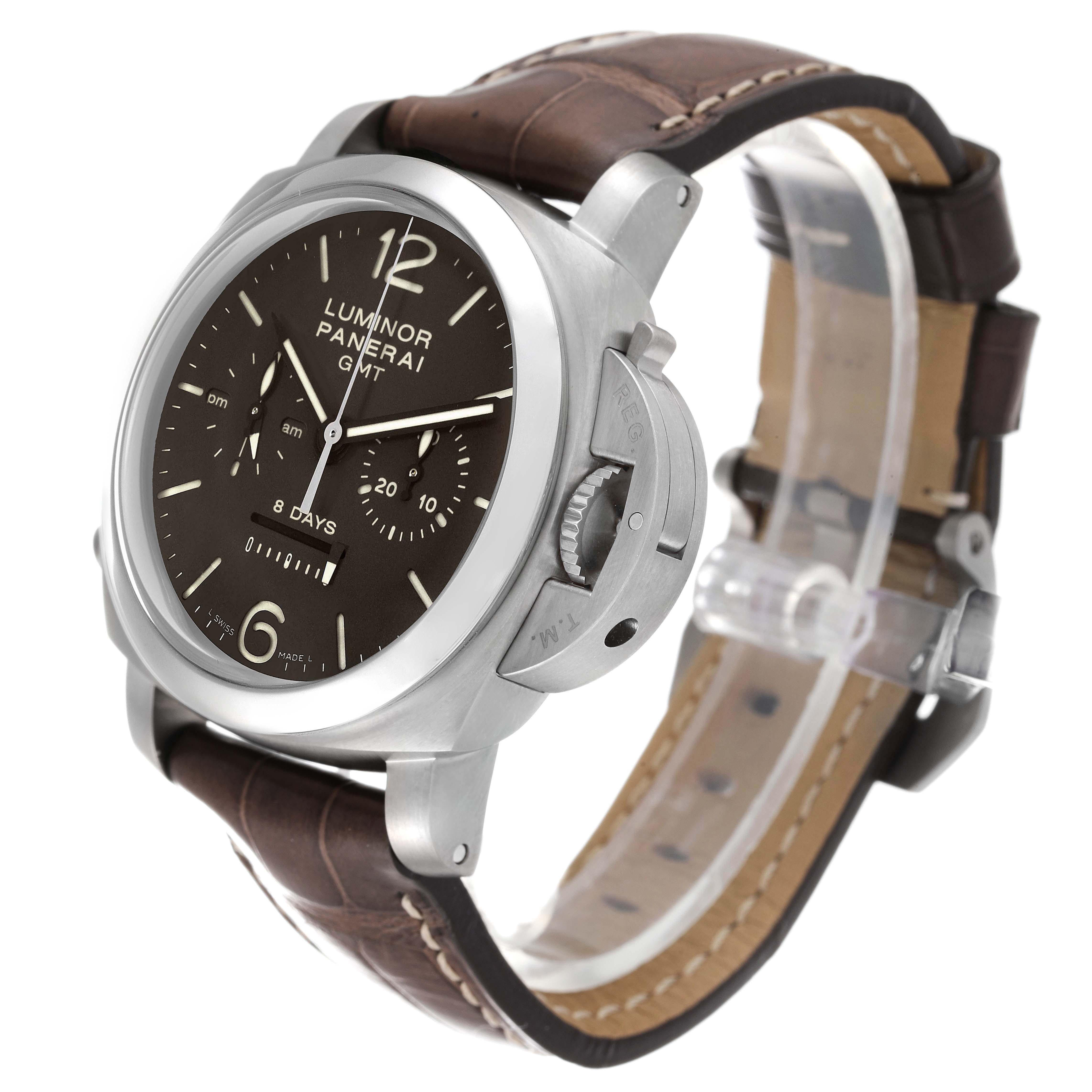 The Panerai Luminor PAM00311 Men
s Titanium Brown Dial watch is shown at a three-quarter angle, highlighting the dial, crown guard, and leather strap.