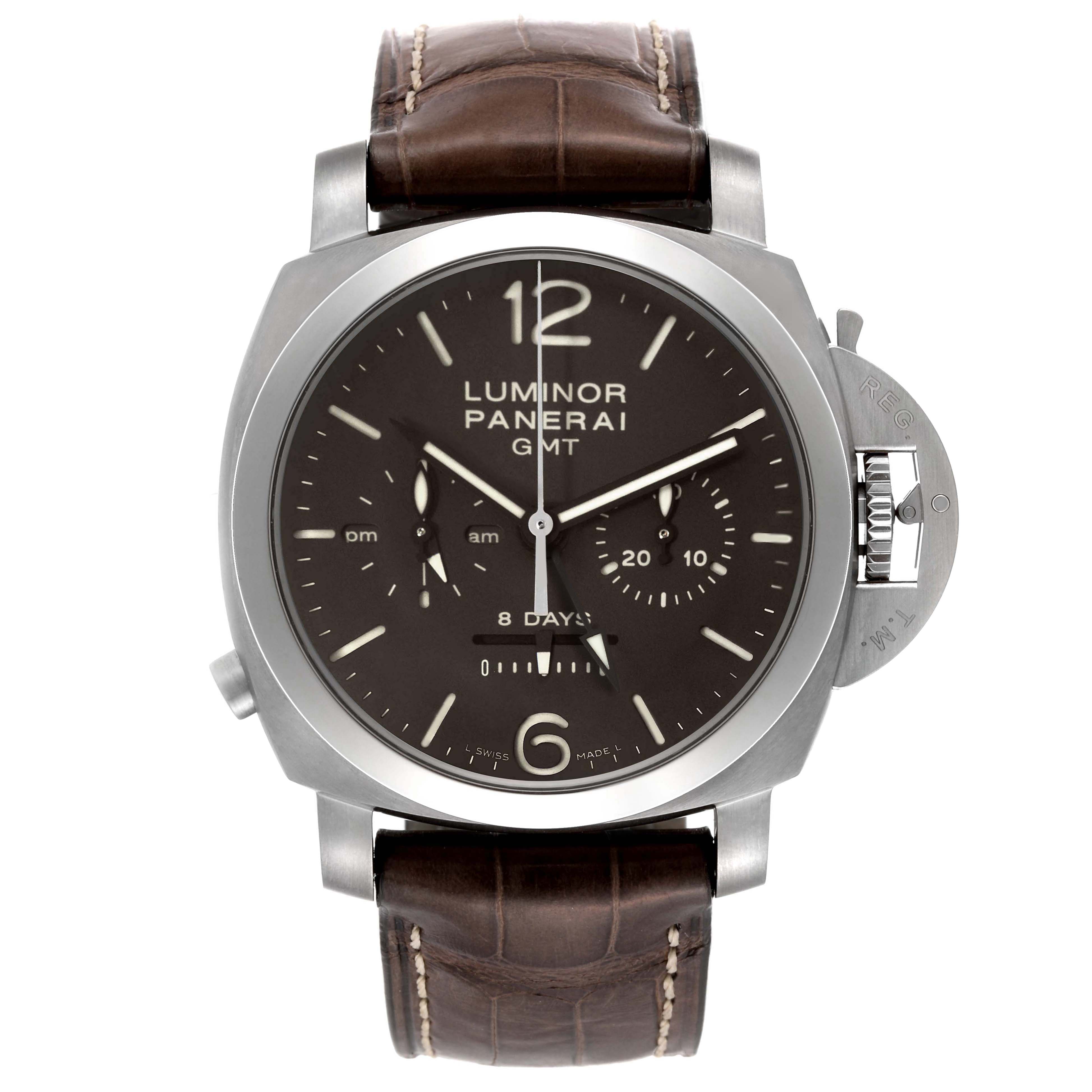 The Panerai Luminor PAM00311 Men
s Titanium Brown Dial watch is shown from a front angle, displaying its dial, crown guard, and leather strap.