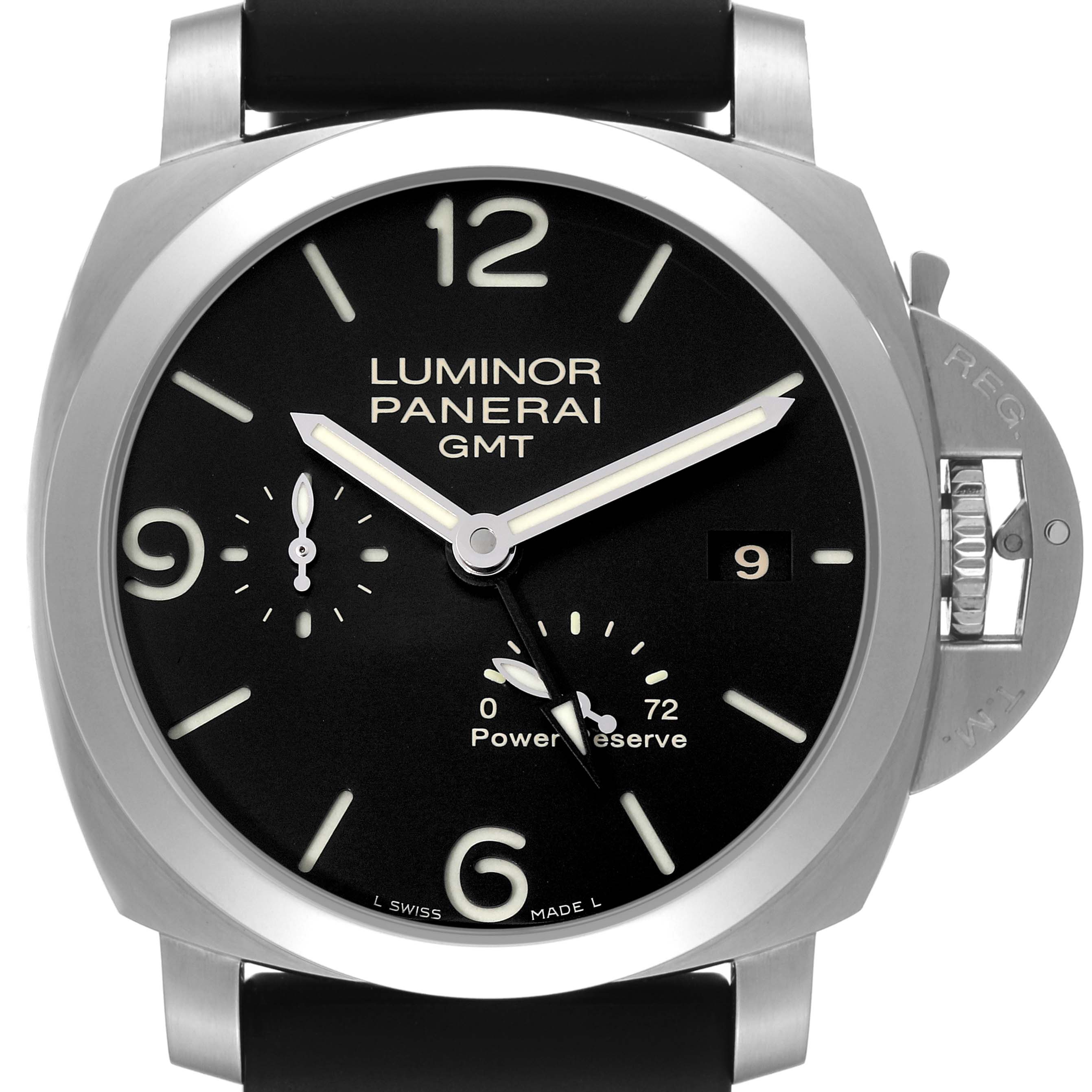 The image shows a front view of the Panerai Luminor PAM00321 Men
s Stainless Steel Black Dial PAM00321 Men
s Stainless Steel Black Dial GMT watch, highlighting its black dial, large numerals, and signature crown guard.