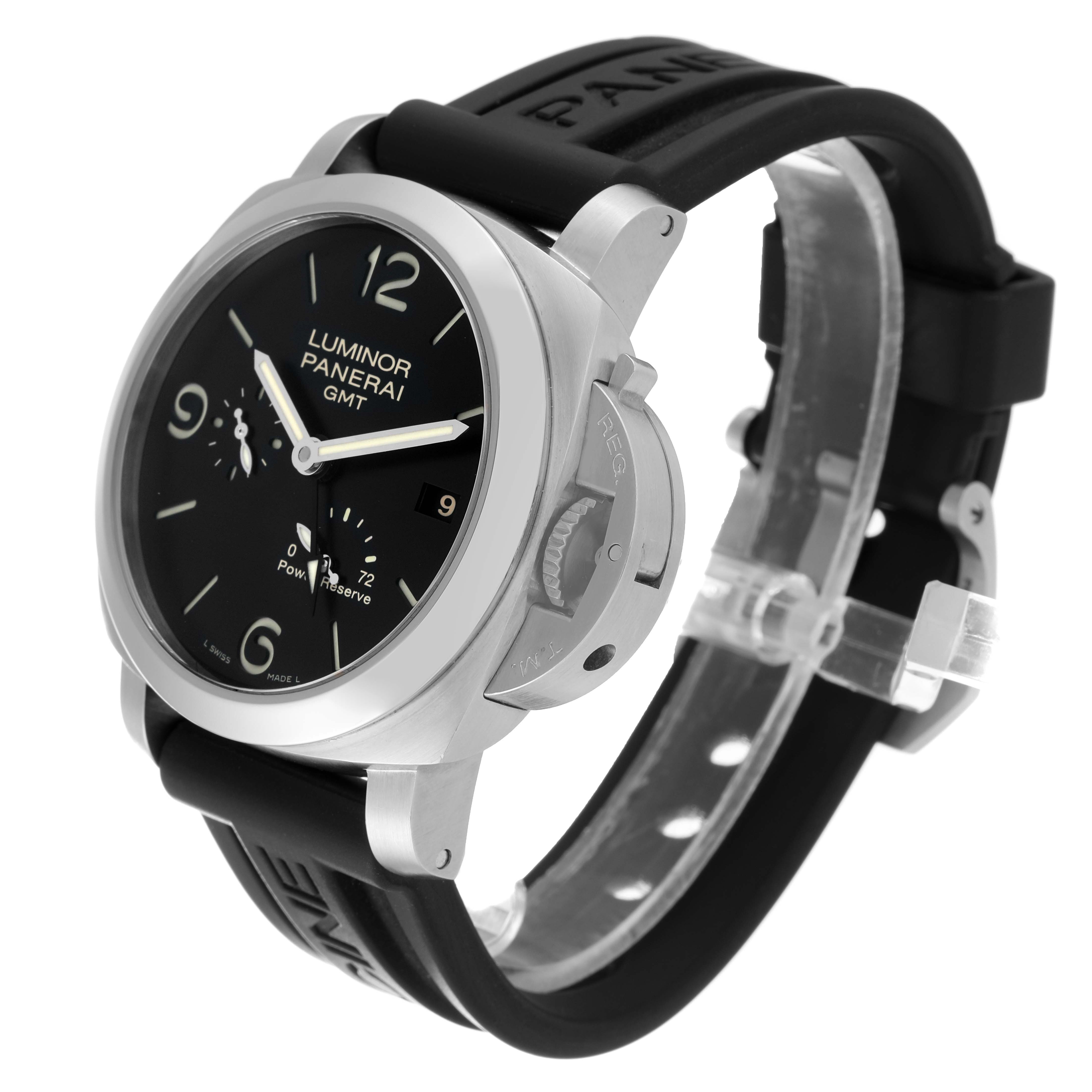 The image shows a Panerai Luminor PAM00321 Men
s Stainless Steel Black Dial PAM00321 Men
s Stainless Steel Black Dial GMT watch from an angled side view, displaying the face, bezel, crown guard, and band.