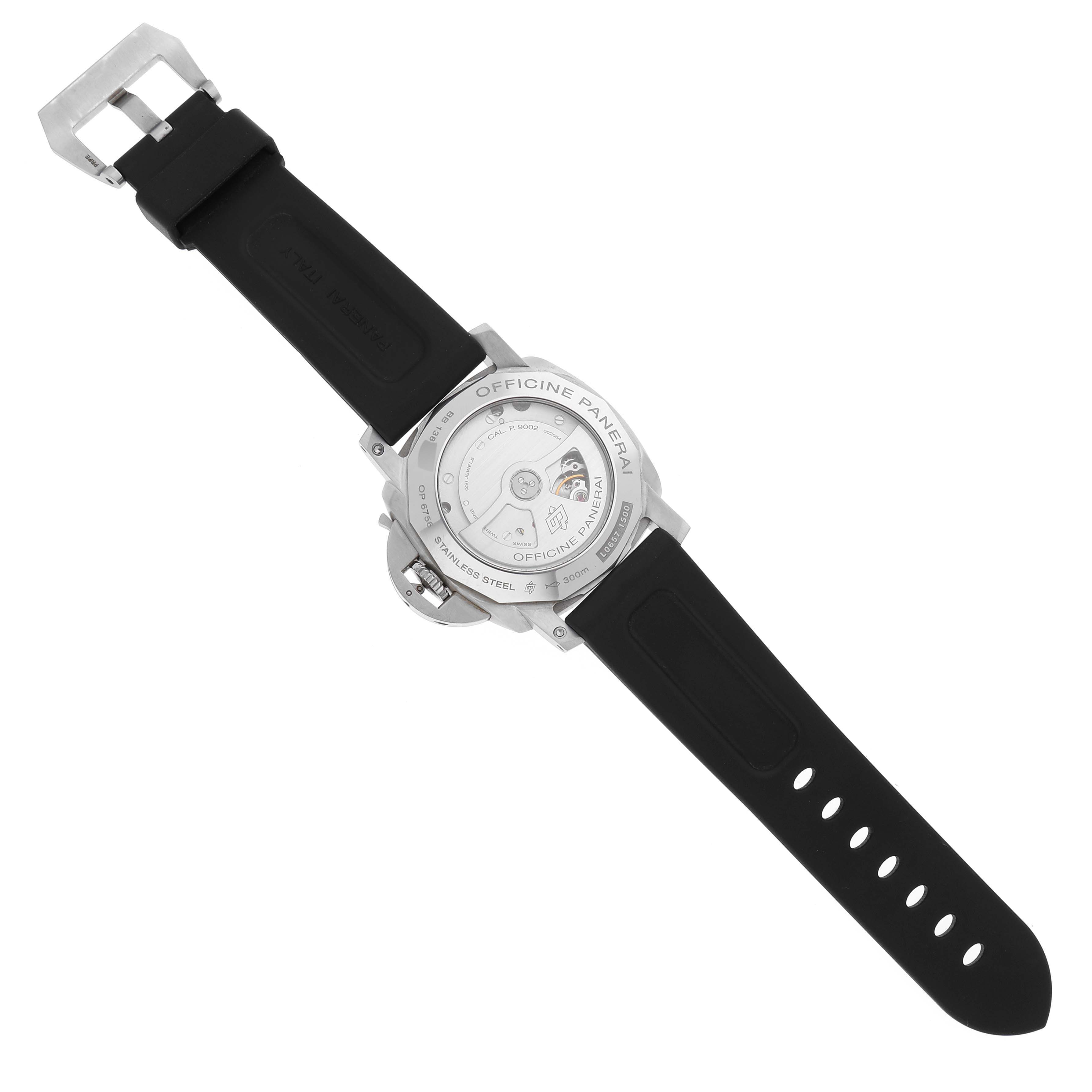 The image shows the back view of a Panerai Luminor PAM00321 Men
s Stainless Steel Black Dial PAM00321 Men
s Stainless Steel Black Dial watch, highlighting its open case back and black strap.