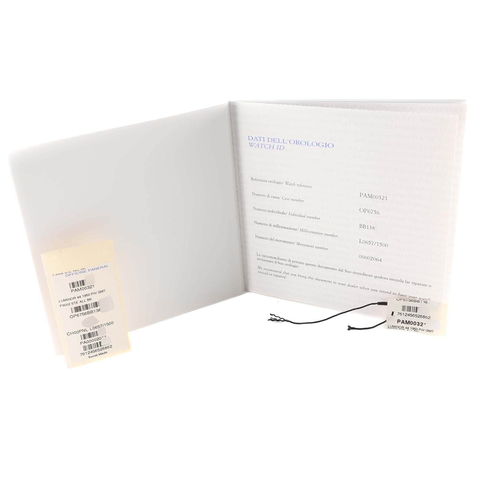 This image shows the opened documentation paperwork, tags, and ID card for the Panerai Luminor PAM00321 Men
s Stainless Steel Black Dial PAM00321 Men
s Stainless Steel Black Dial model watch.