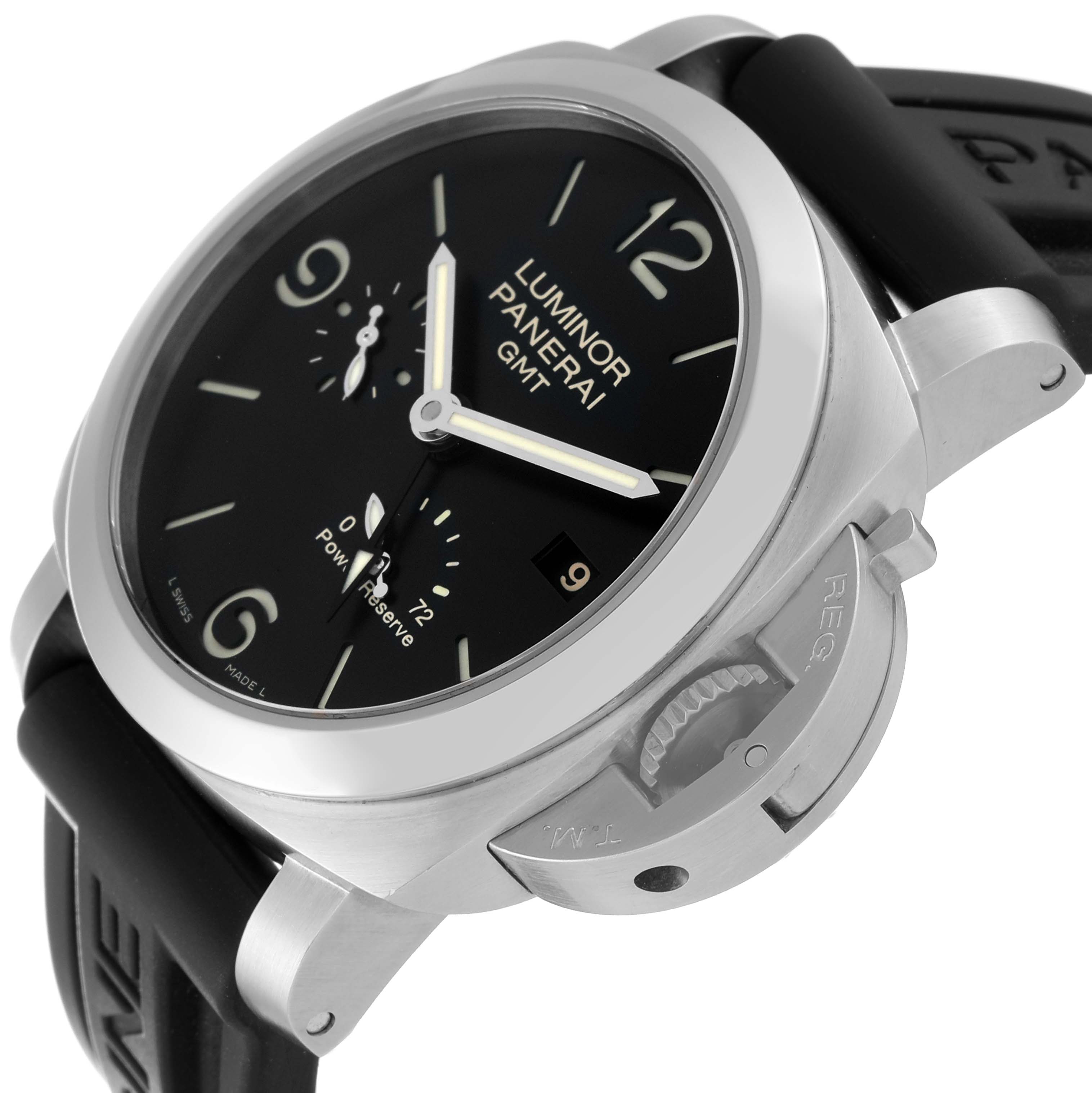 The image shows a Panerai Luminor PAM00321 Men
s Stainless Steel Black Dial PAM00321 Men
s Stainless Steel Black Dial watch at an angle highlighting its face, crown, and part of the strap.