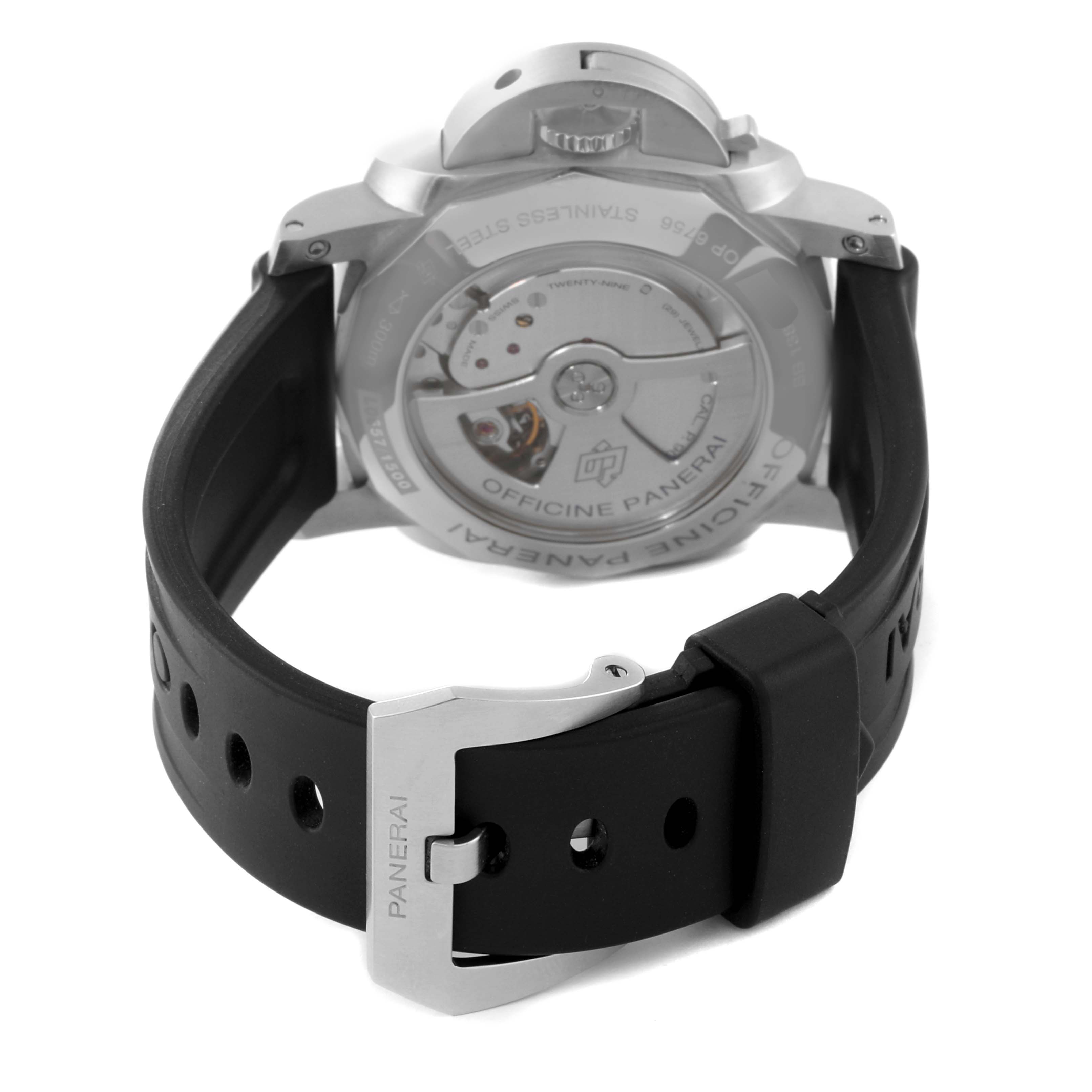 The image shows the back view of a Panerai Luminor PAM00321 Men
s Stainless Steel Black Dial PAM00321 Men
s Stainless Steel Black Dial watch, displaying its case back and straps.