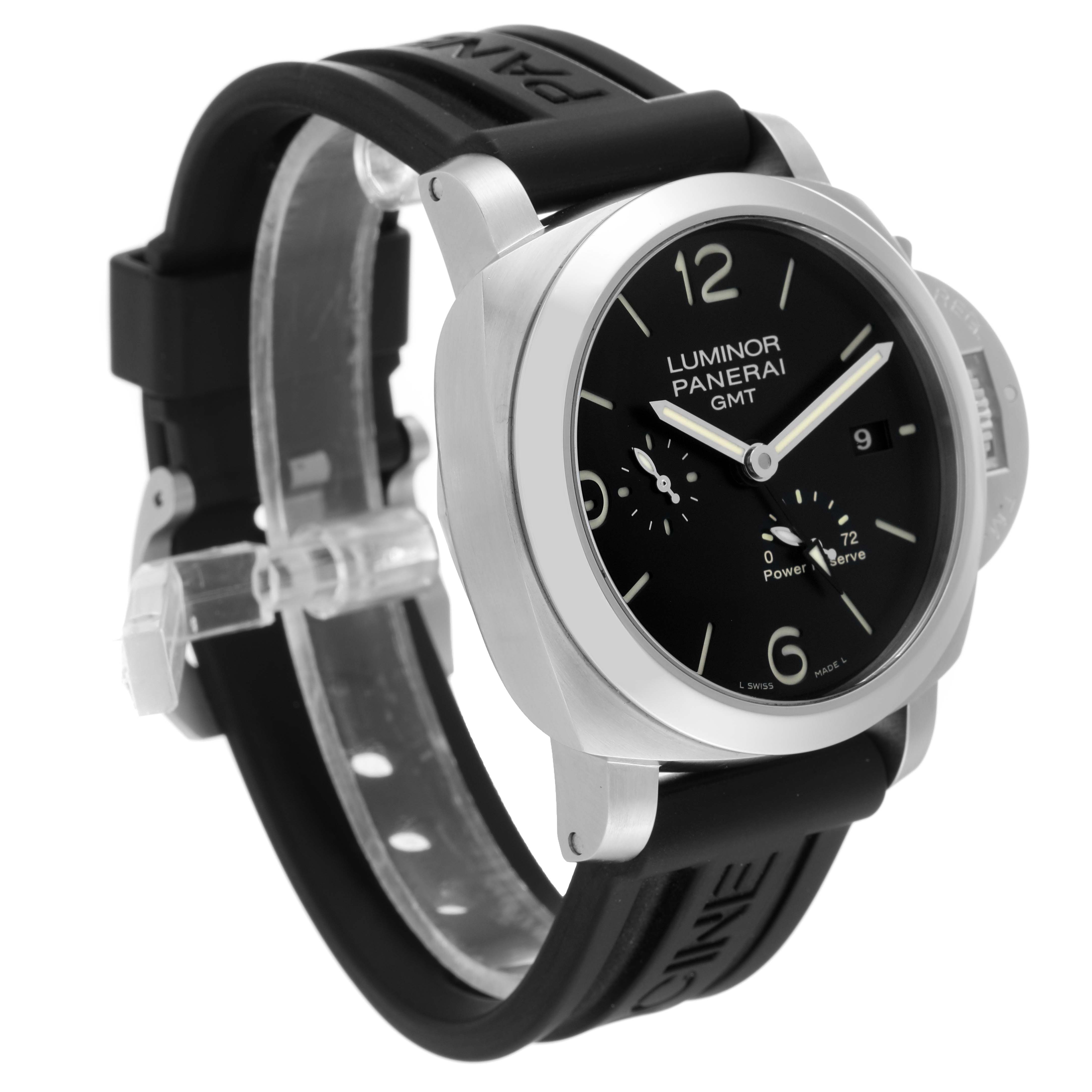 This Panerai Luminor PAM00321 Men
s Stainless Steel Black Dial PAM00321 Men
s Stainless Steel Black Dial GMT watch is shown at a three-quarter angle, highlighting its black dial, power reserve, and rubber strap.