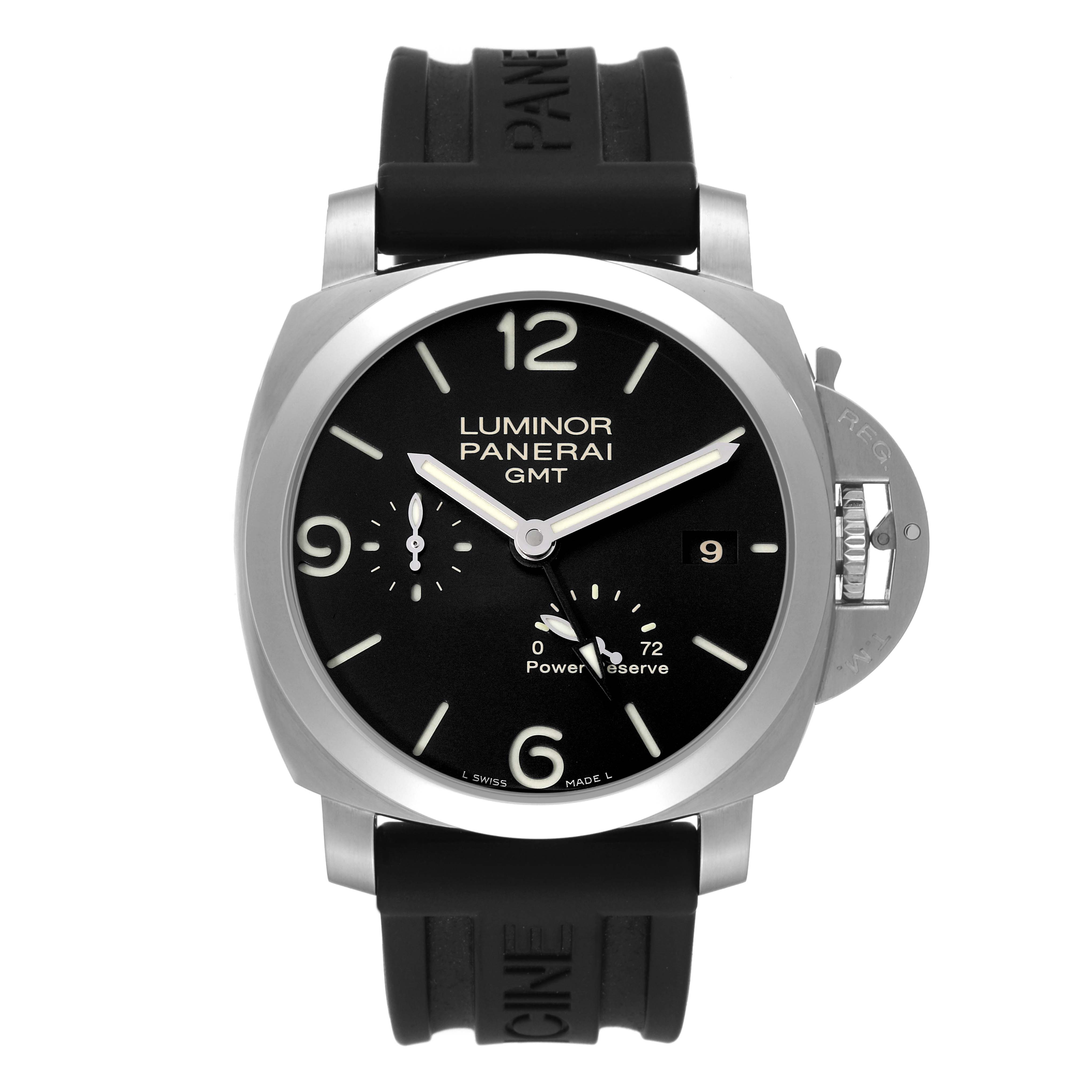 The image shows a front view of a Panerai Luminor PAM00321 Men
s Stainless Steel Black Dial PAM00321 Men
s Stainless Steel Black Dial GMT watch, highlighting its dial, case, and rubber strap.