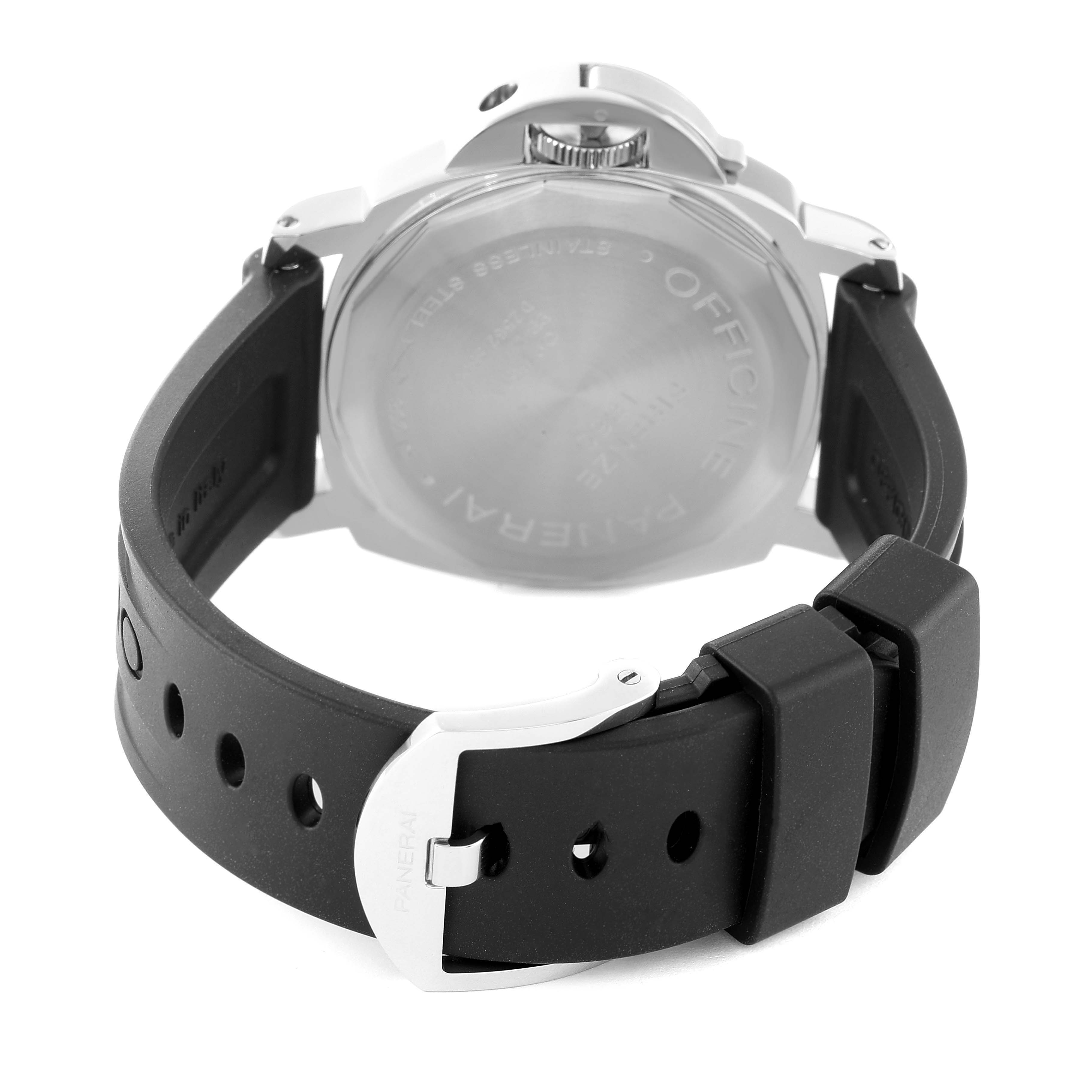This image shows the back case and rubber strap of a Panerai Luminor PAM00001 Men's Stainless Steel Black Dial PAM00001 Men's Stainless Steel Black Dial watch.