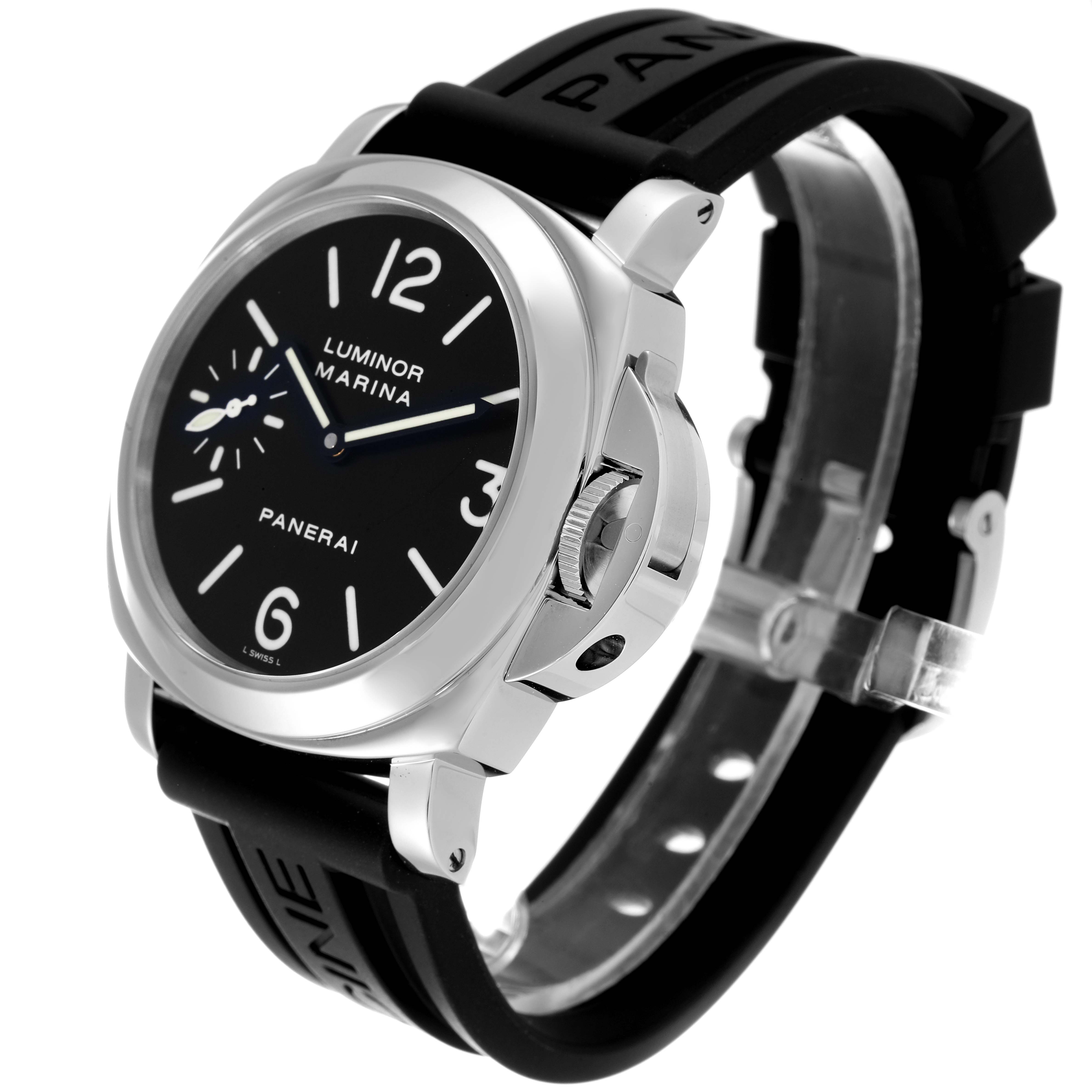 The image shows a front-side angle of a Panerai Luminor PAM00001 Men's Stainless Steel Black Dial PAM00001 Men's Stainless Steel Black Dial watch, highlighting its face, strap, and crown.