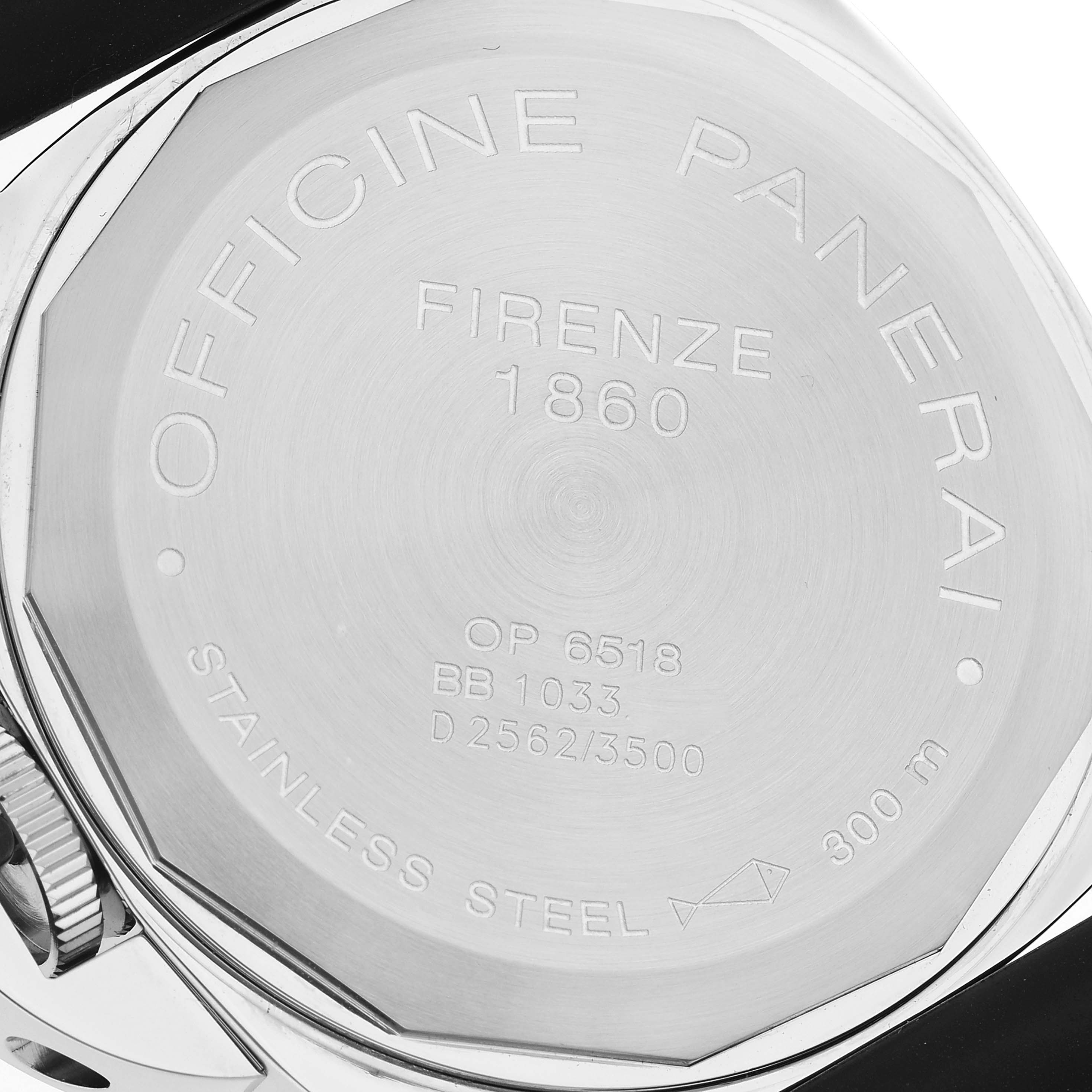 This image shows the rear case of a Panerai Luminor PAM00001 Men's Stainless Steel Black Dial PAM00001 Men's Stainless Steel Black Dial watch with detailed engraving.