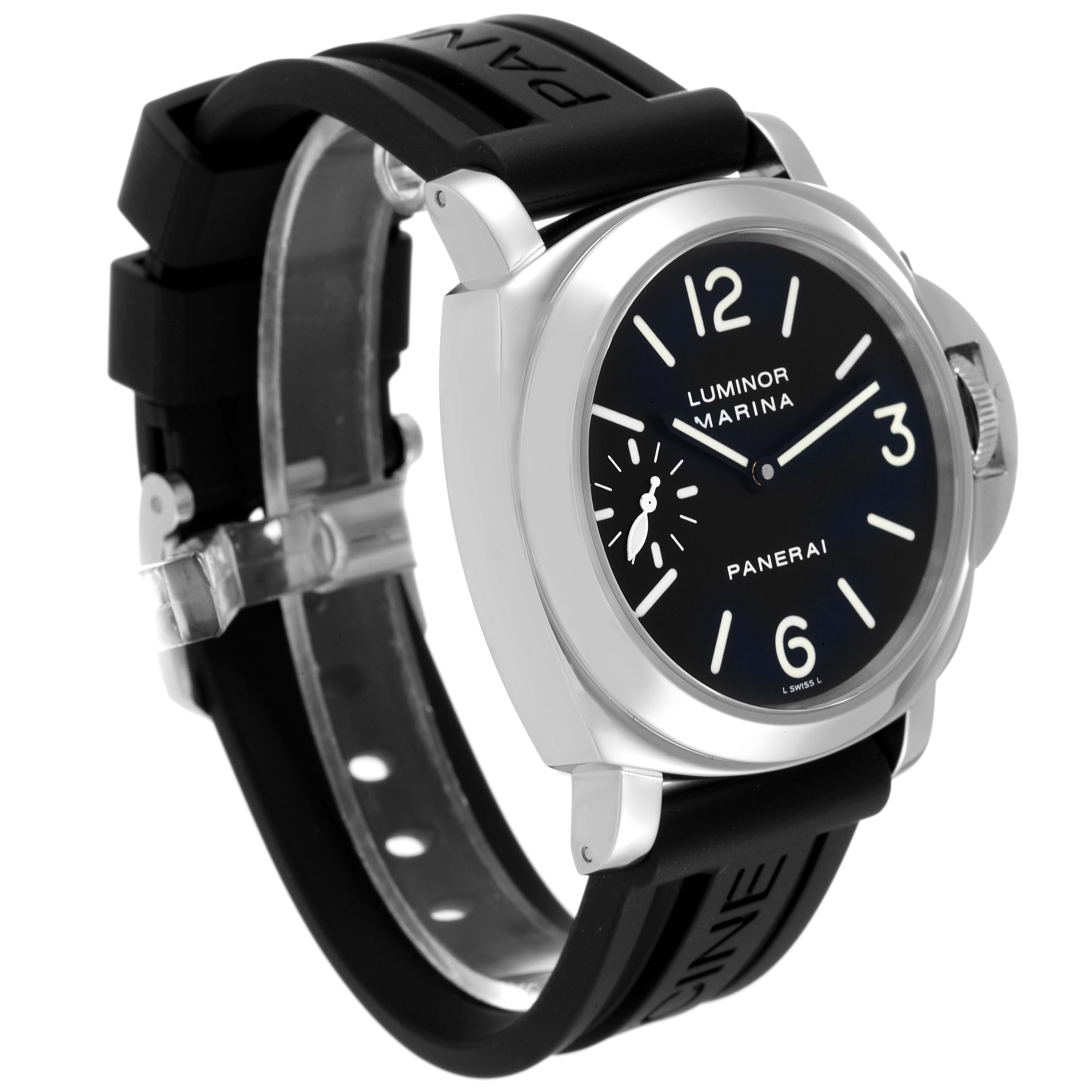 The image shows a side and front angle of the Panerai Luminor PAM00001 Men's Stainless Steel Black Dial PAM00001 Men's Stainless Steel Black Dial watch with a black strap, black dial, and silver case.