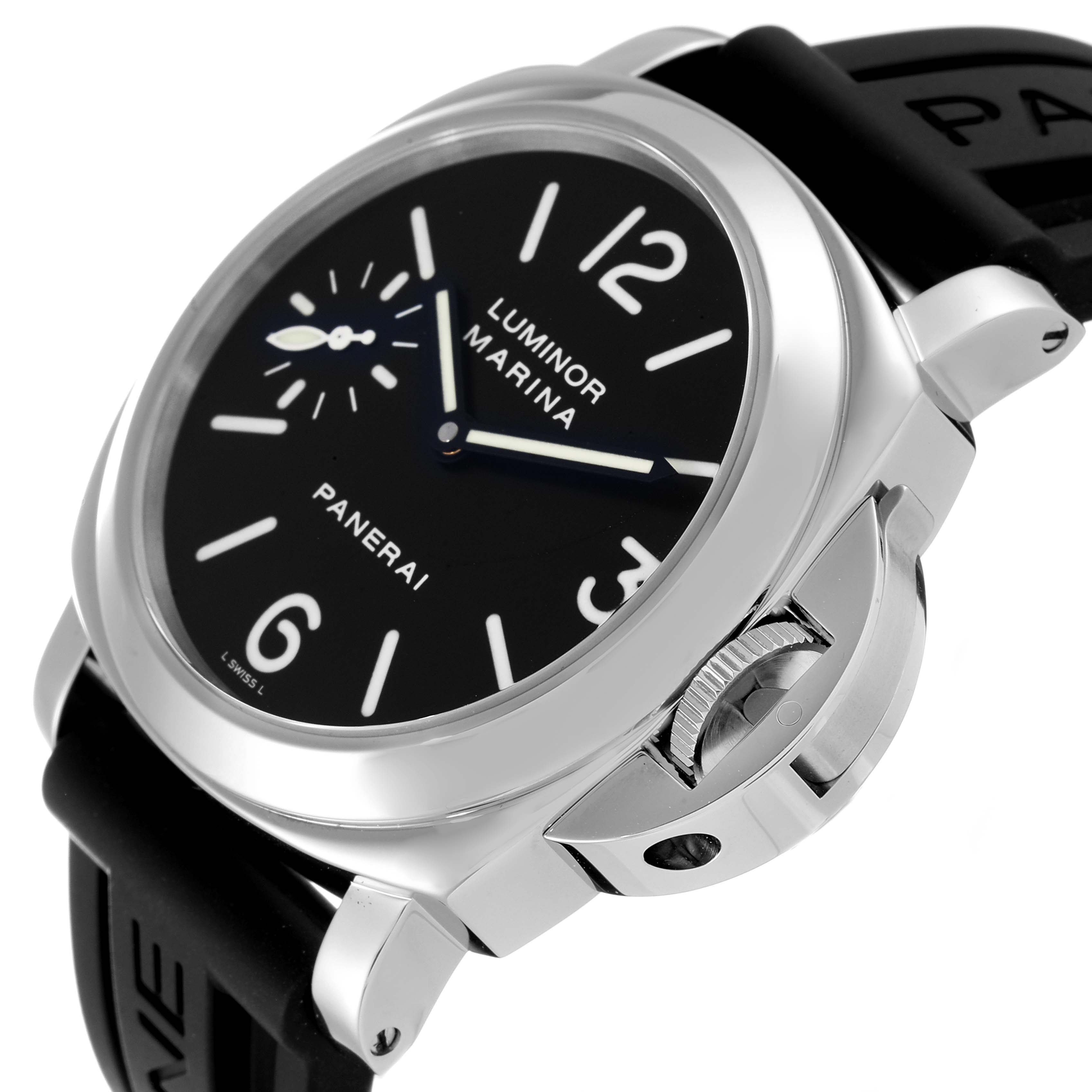 The image shows a close-up side angle of a Panerai Luminor PAM00001 Men's Stainless Steel Black Dial PAM00001 Men's Stainless Steel Black Dial Marina watch, focusing on the case, bezel, and crown guard.