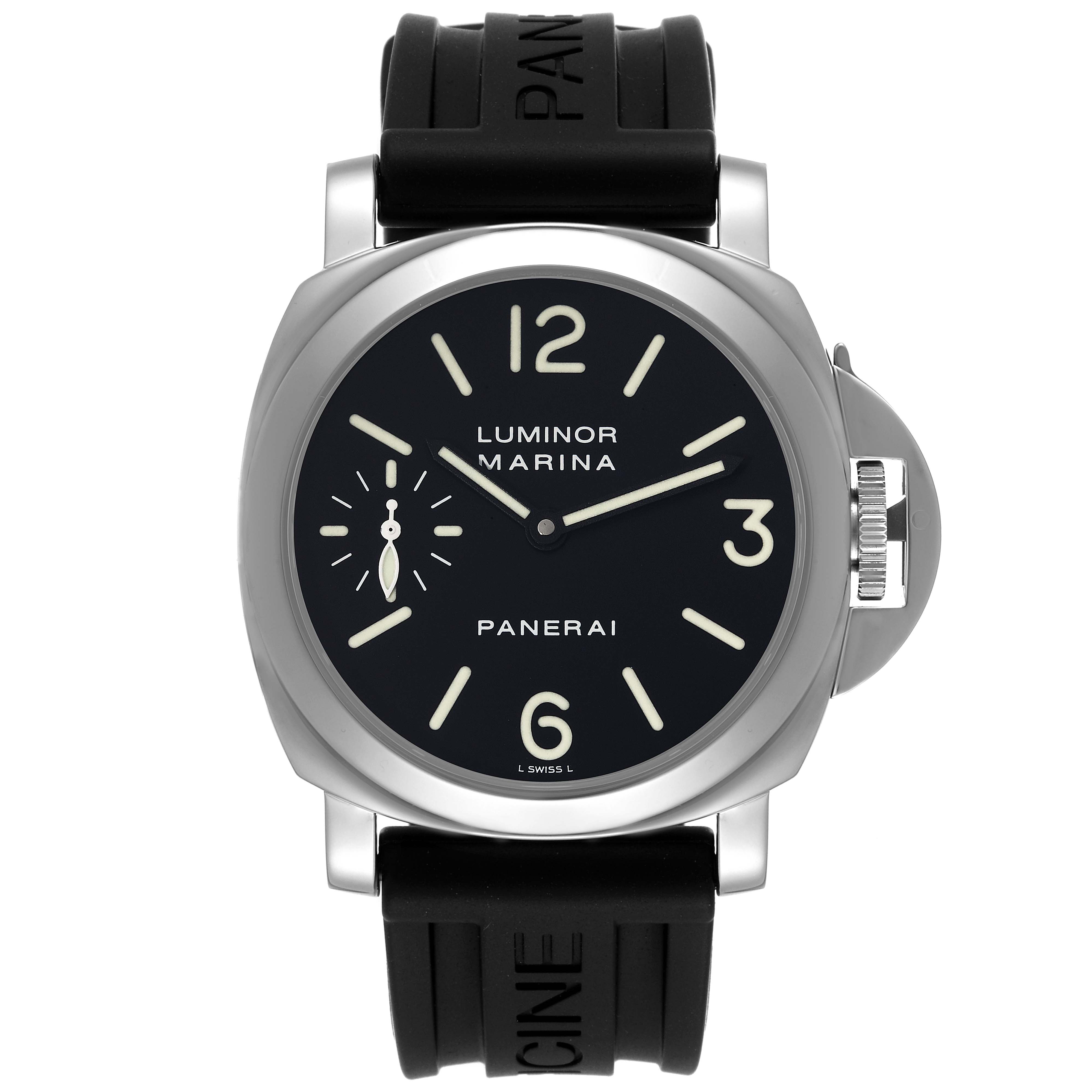 This image shows a front view of a Panerai Luminor PAM00001 Men's Stainless Steel Black Dial PAM00001 Men's Stainless Steel Black Dial Marina watch, displaying the dial, case, and rubber strap.