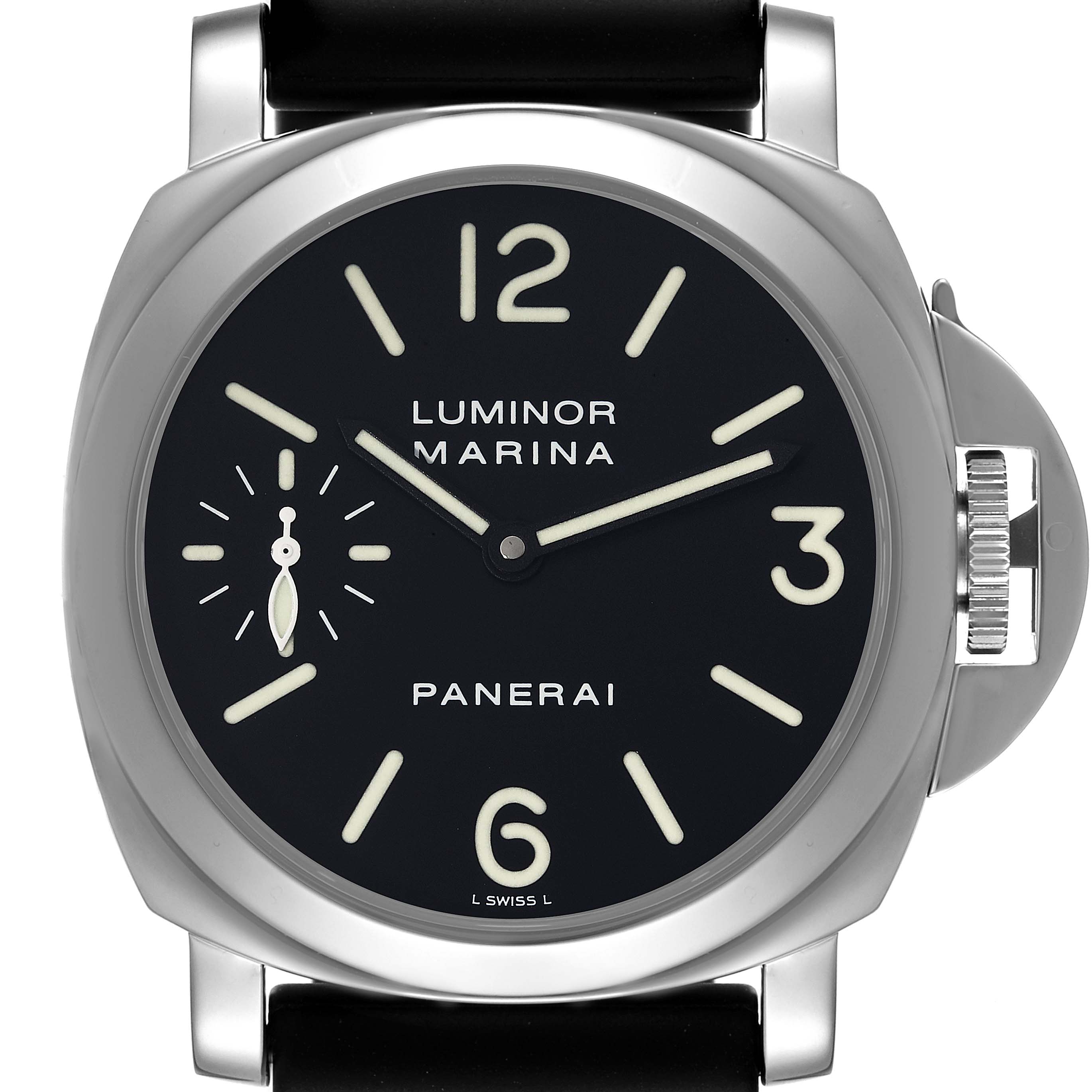 The image shows a front view of a Panerai Luminor PAM00001 Men's Stainless Steel Black Dial PAM00001 Men's Stainless Steel Black Dial Marina watch, highlighting its black dial, numeral markers, and crown guard.