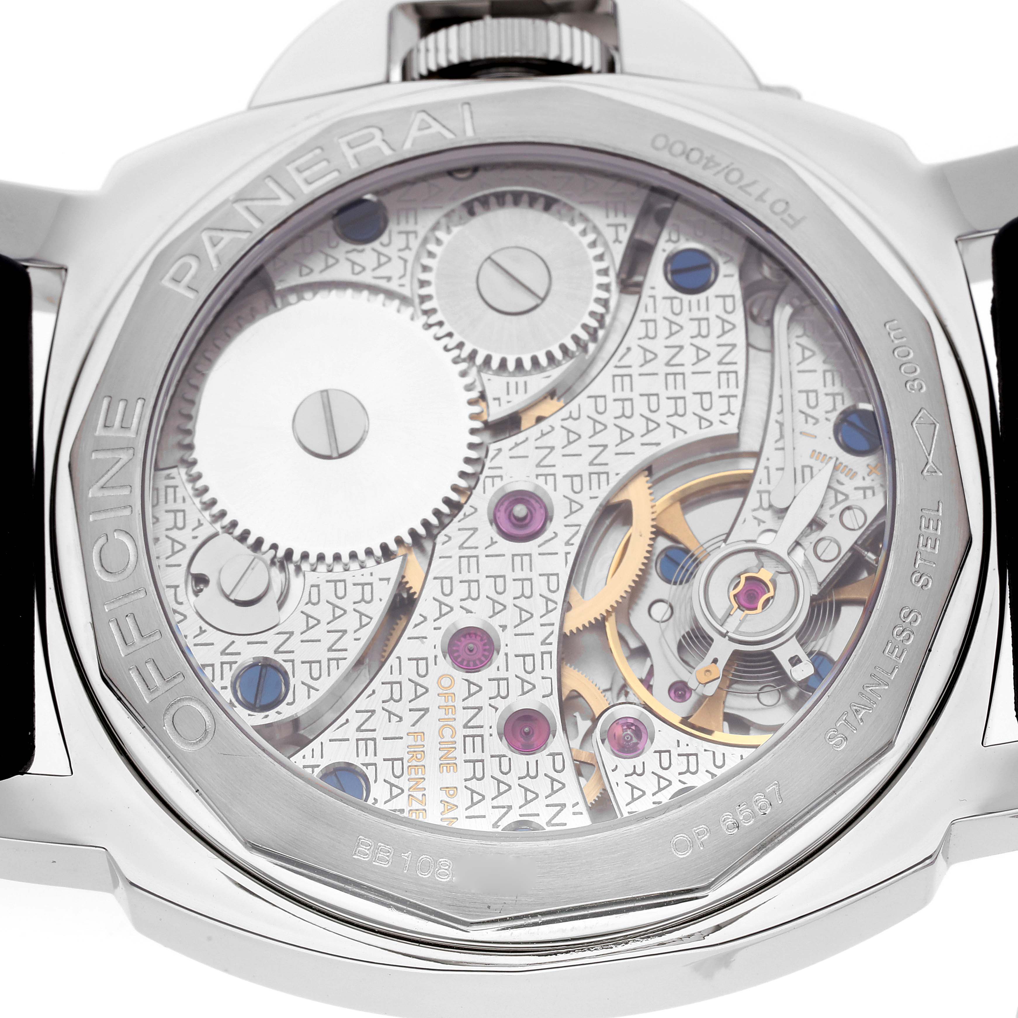 The image shows the back view of the Panerai Luminor PAM00113 Men's Stainless Steel White Dial PAM00113 Men's Stainless Steel White Dial watch, featuring its intricate gears and mechanical movement.