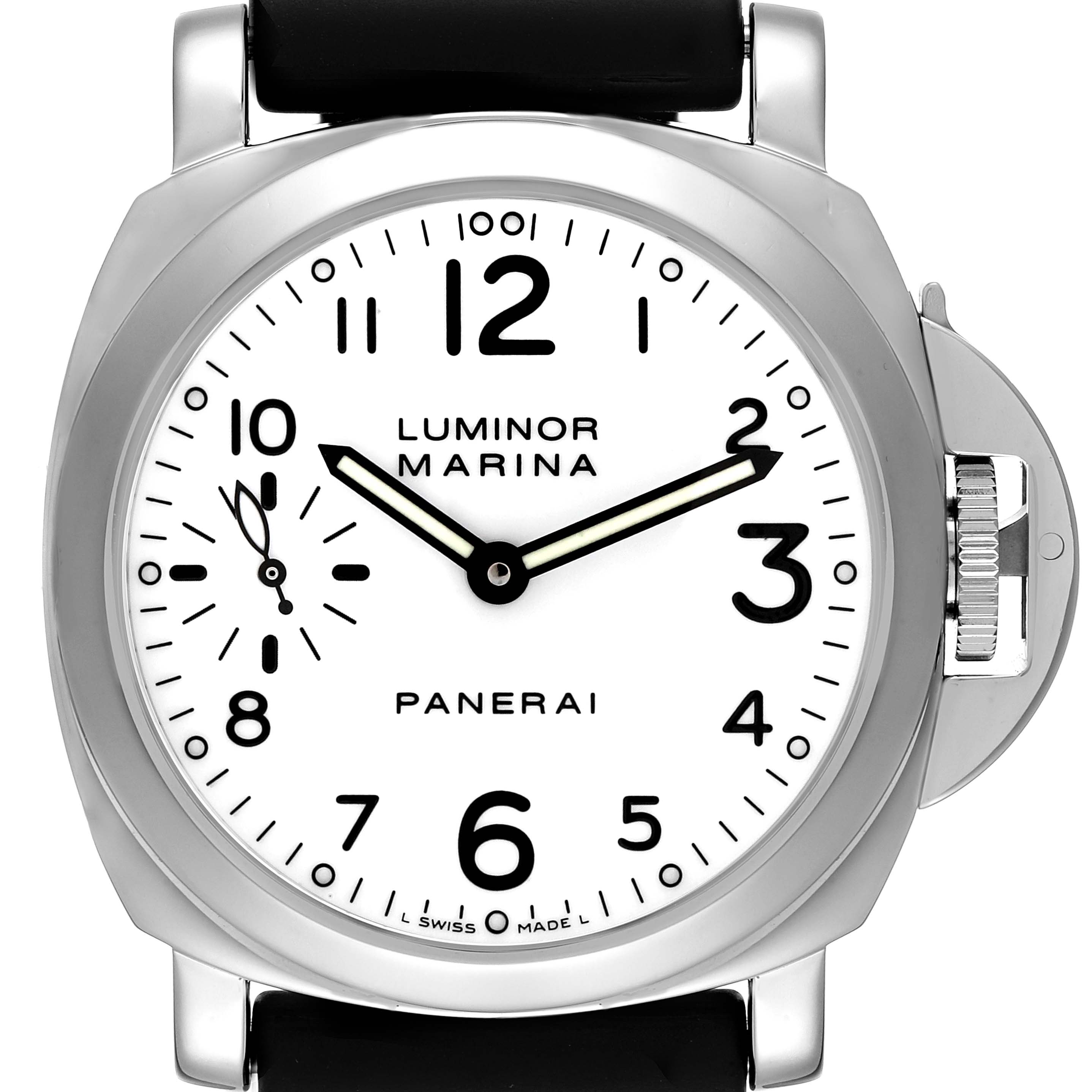 This Panerai Luminor PAM00113 Men's Stainless Steel White Dial PAM00113 Men's Stainless Steel White Dial model watch is shown from a front angle, featuring its face, crown guard, and part of the strap.