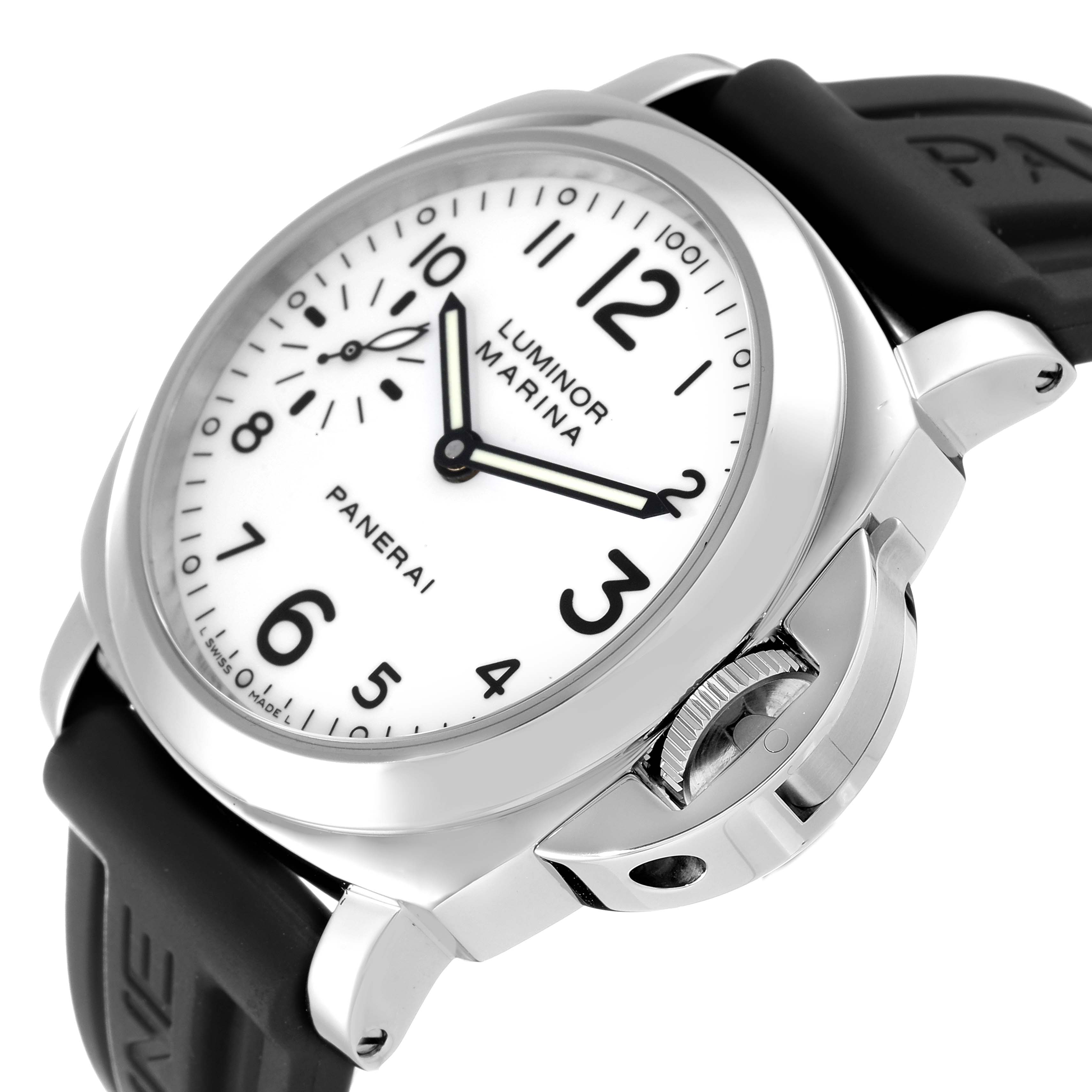 The image shows a Panerai Luminor PAM00113 Men's Stainless Steel White Dial PAM00113 Men's Stainless Steel White Dial Marina watch from a side-angle, highlighting its white dial, black strap, and crown guard.