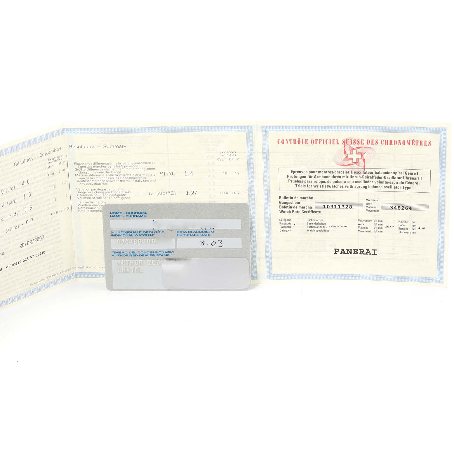 The image shows an official certificate and warranty card for a Panerai Luminor PAM00113 Men's Stainless Steel White Dial PAM00113 Men's Stainless Steel White Dial watch.