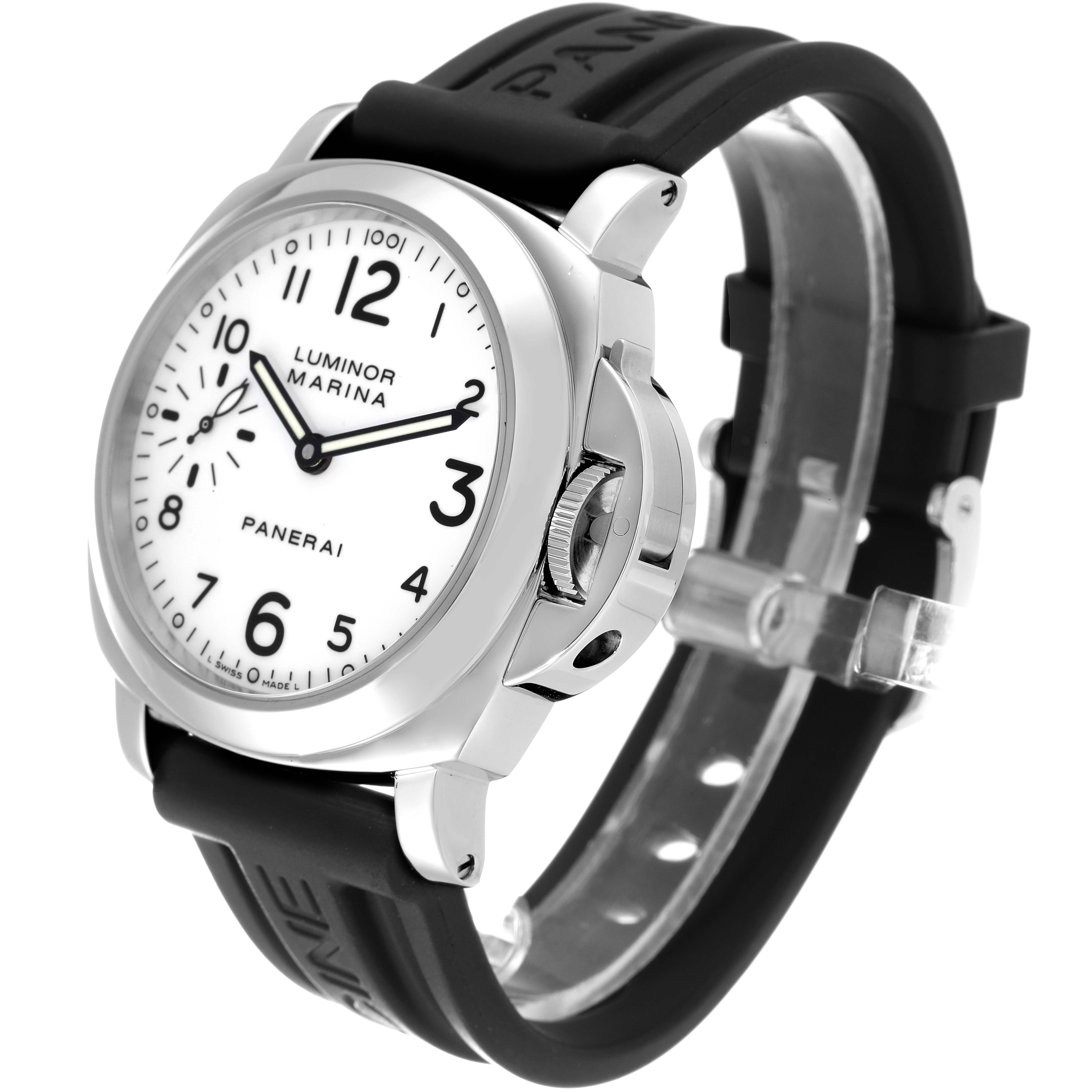 This image shows an angled view of a Panerai Luminor PAM00113 Men's Stainless Steel White Dial PAM00113 Men's Stainless Steel White Dial Marina watch, highlighting the dial, crown guard, and black rubber strap.