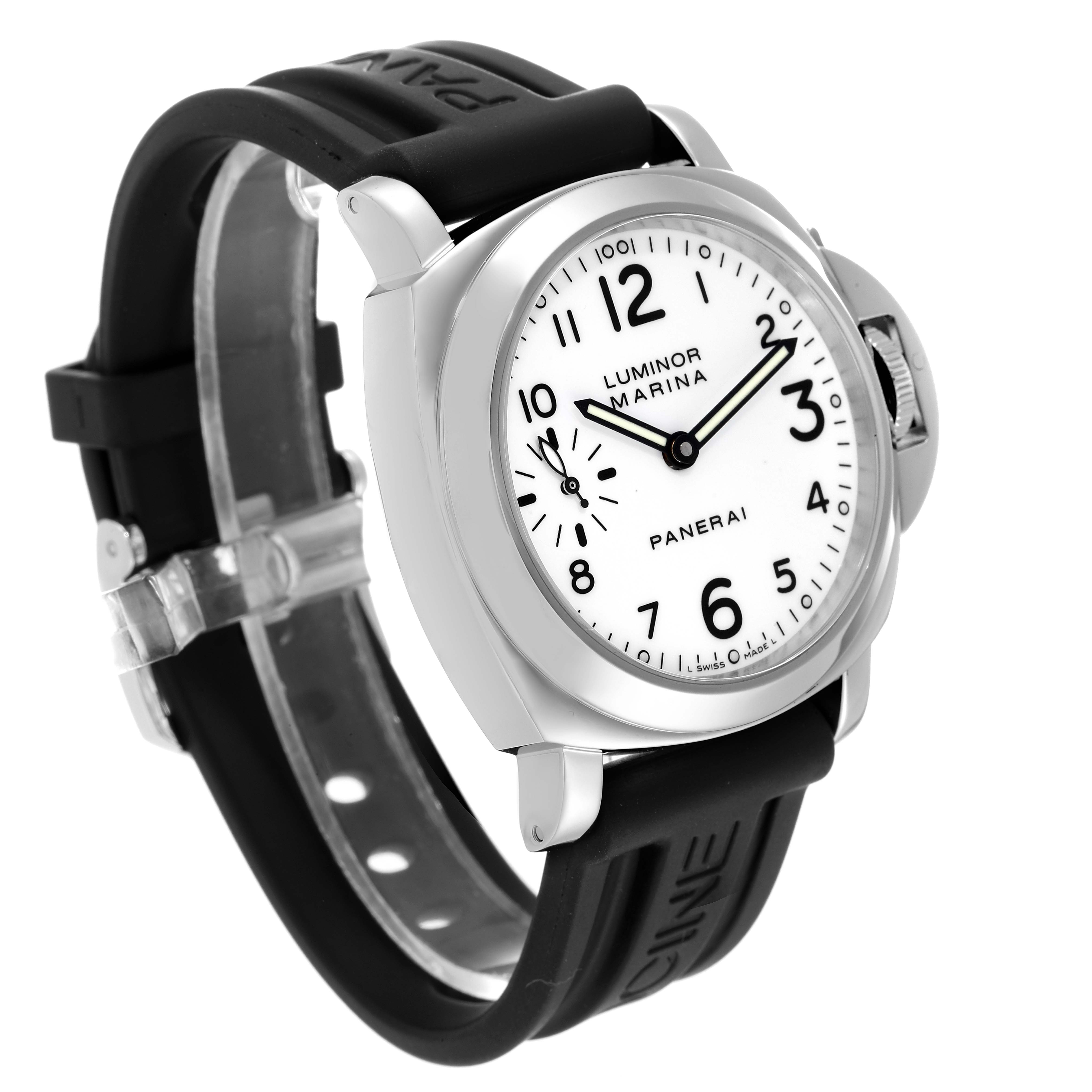 The Panerai Luminor PAM00113 Men's Stainless Steel White Dial PAM00113 Men's Stainless Steel White Dial watch is shown from a 3/4 angle, displaying the white dial, black numerals, and black rubber strap.