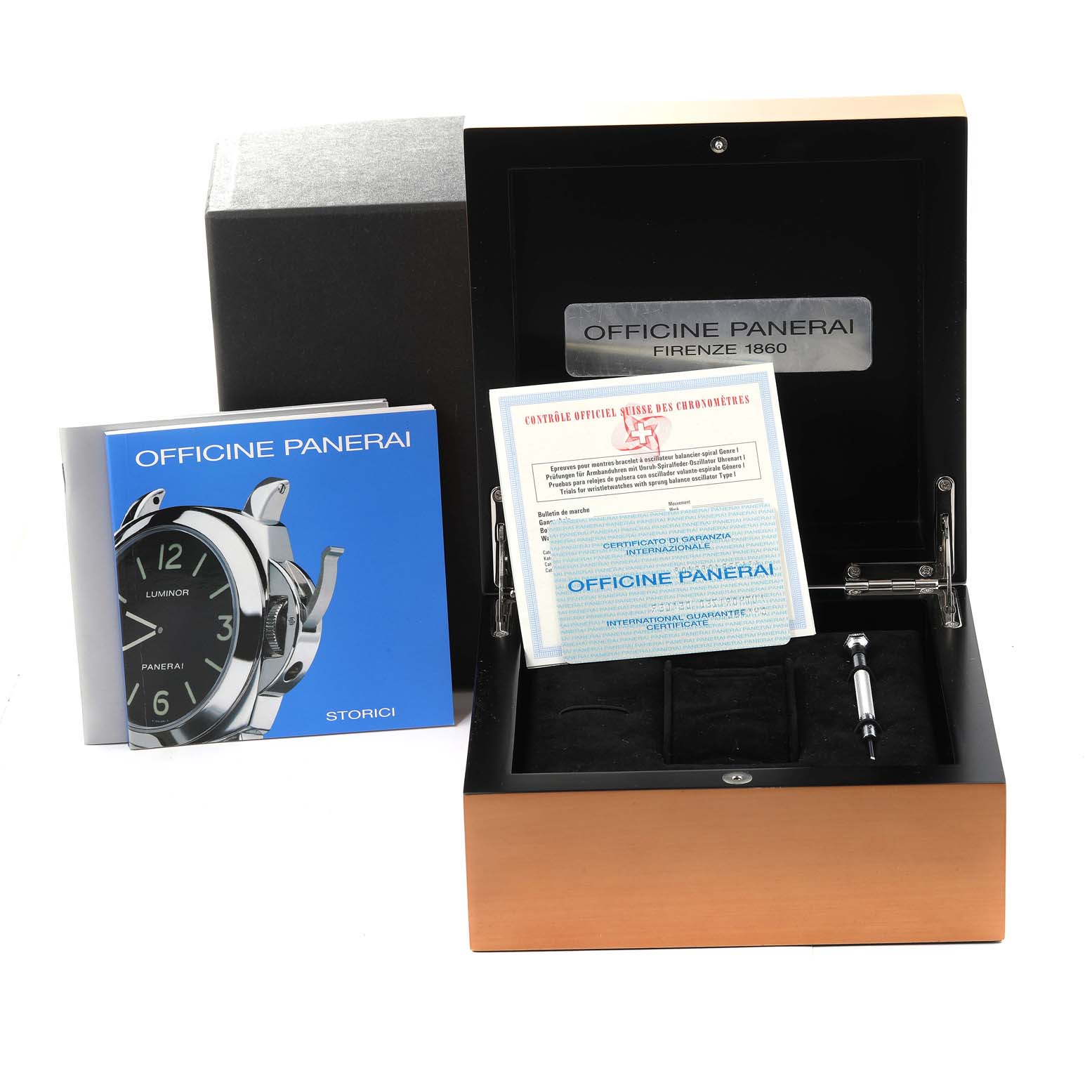 The image shows a Panerai Luminor PAM00113 Men's Stainless Steel White Dial PAM00113 Men's Stainless Steel White Dial watch box, user manual, warranty card, and a strap-changing tool.