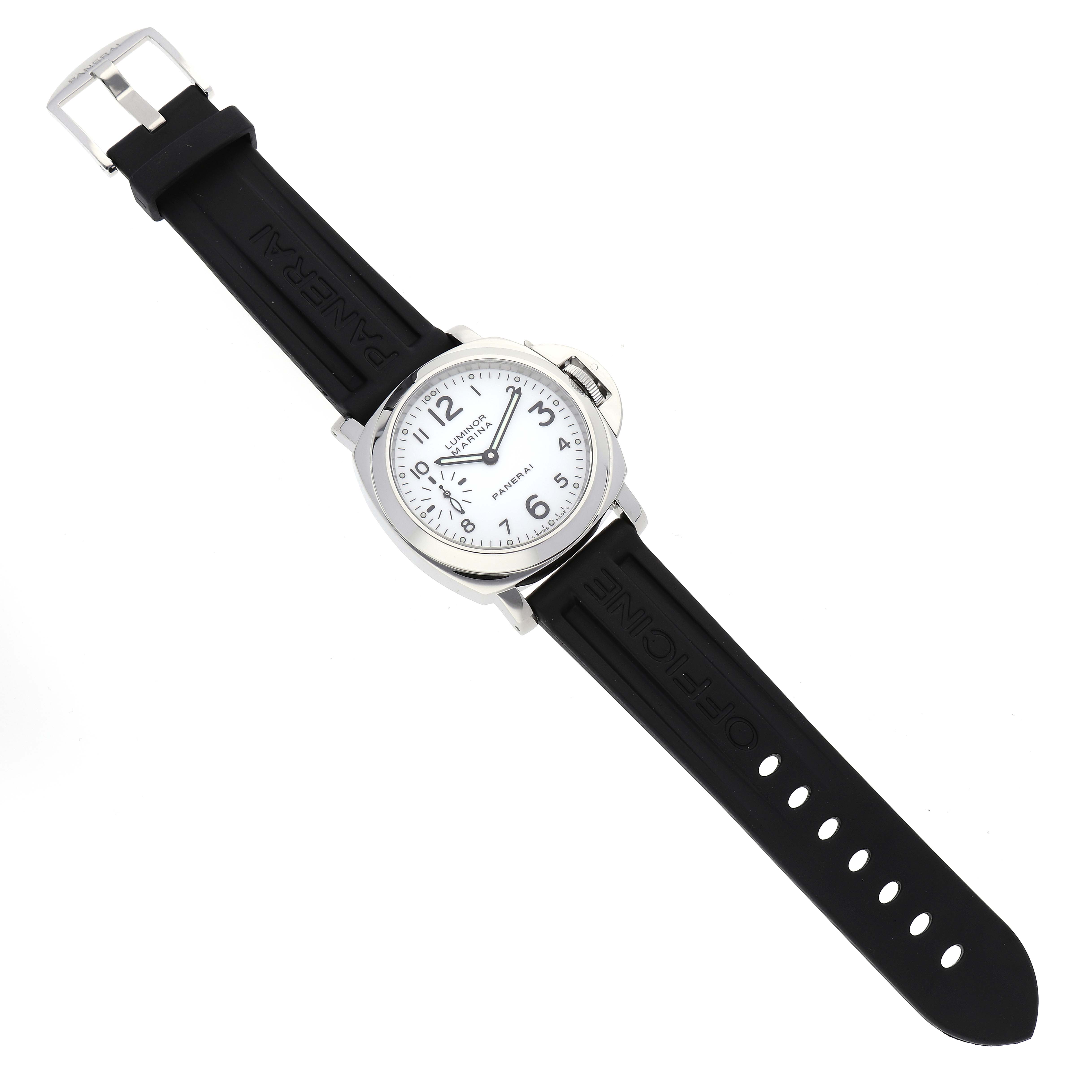 The image shows a top-down view of a Panerai Luminor PAM00113 Men's Stainless Steel White Dial PAM00113 Men's Stainless Steel White Dial watch with a white dial and a black rubber strap.