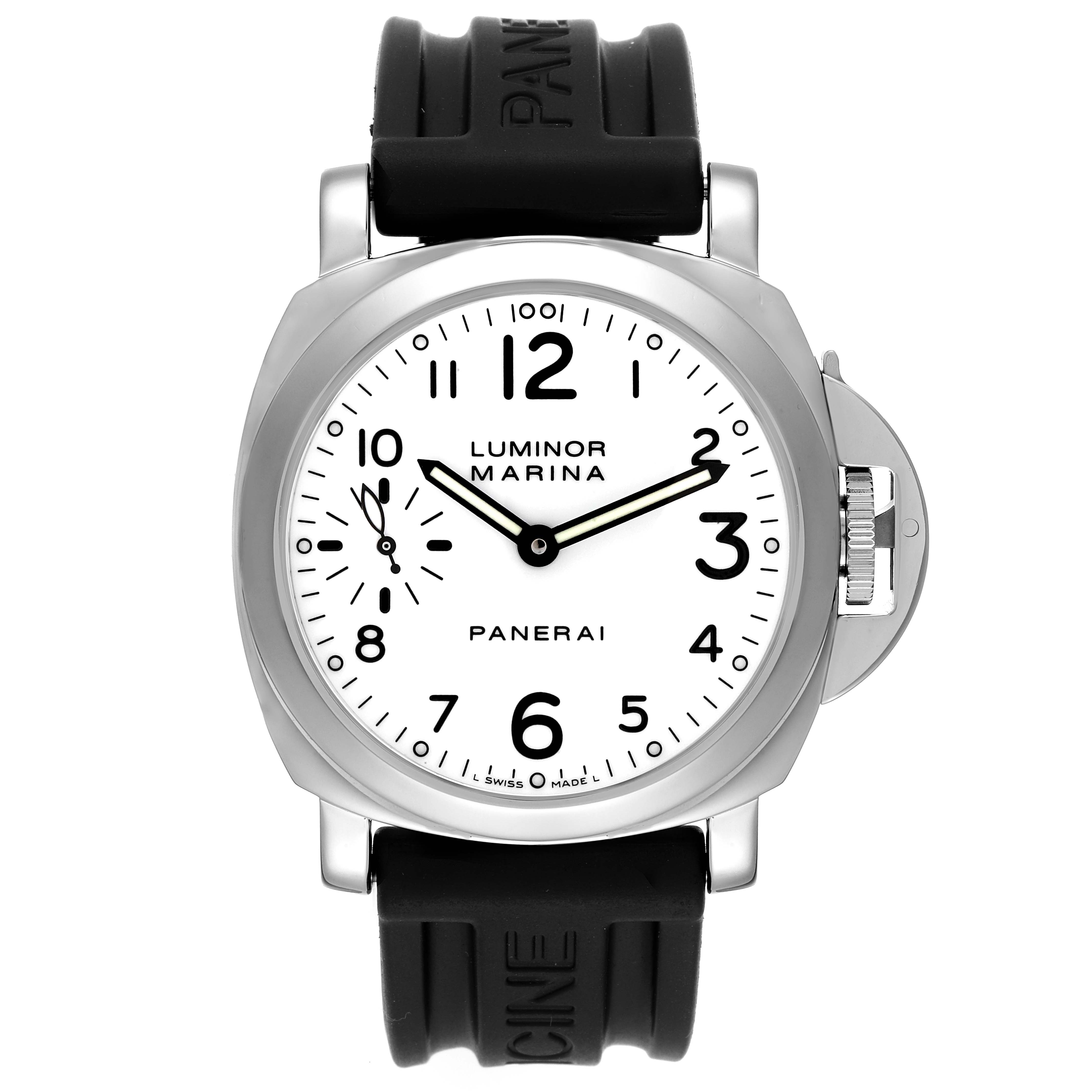 The image shows the front view of a Panerai Luminor PAM00113 Men's Stainless Steel White Dial PAM00113 Men's Stainless Steel White Dial Marina watch displaying its white dial, black numerals, and rubber strap.