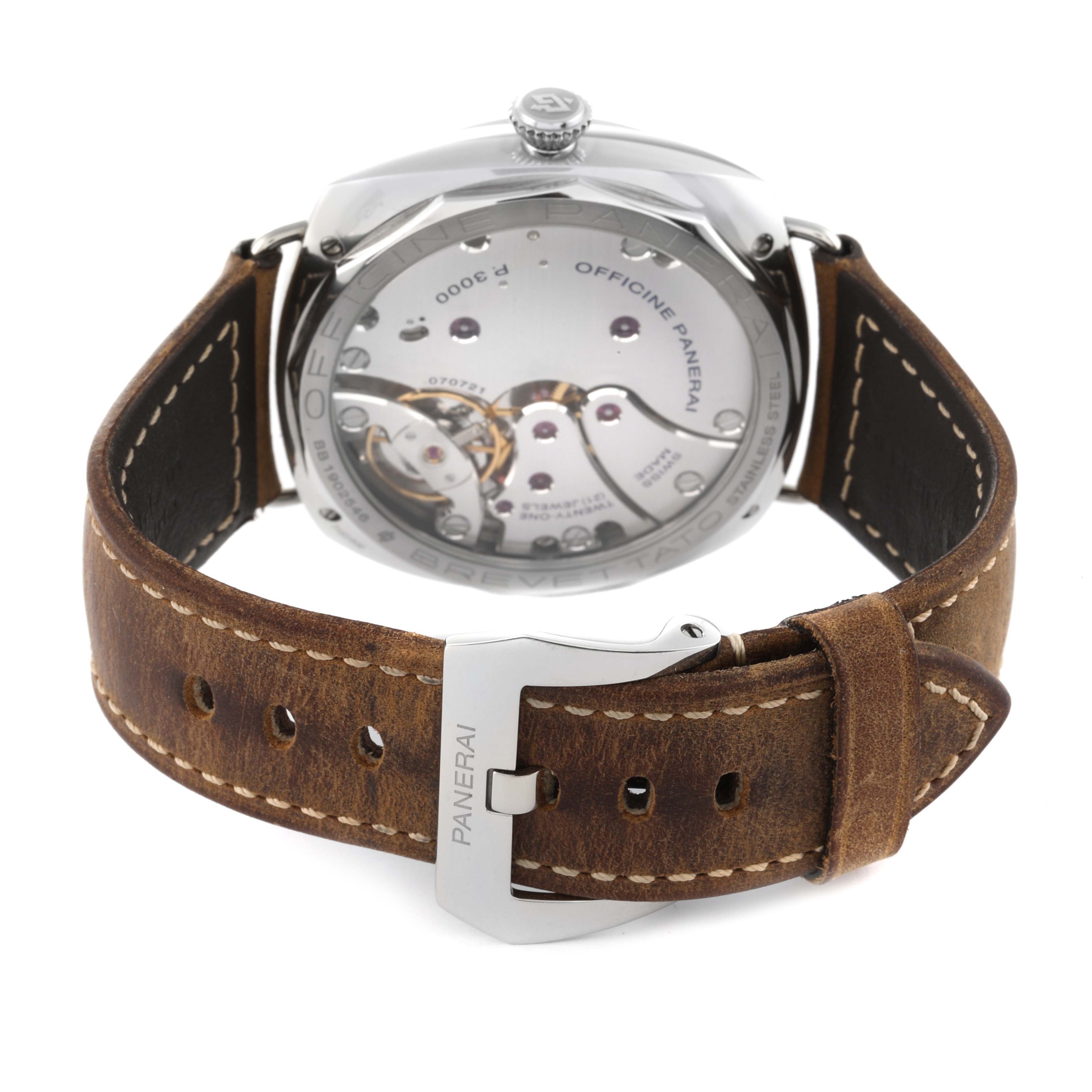 This image shows the back view of a Panerai Radiomir PAM00424 Men's Stainless Steel Black Dial PAM00424 Men's Stainless Steel Black Dial watch, highlighting its movement and leather strap.