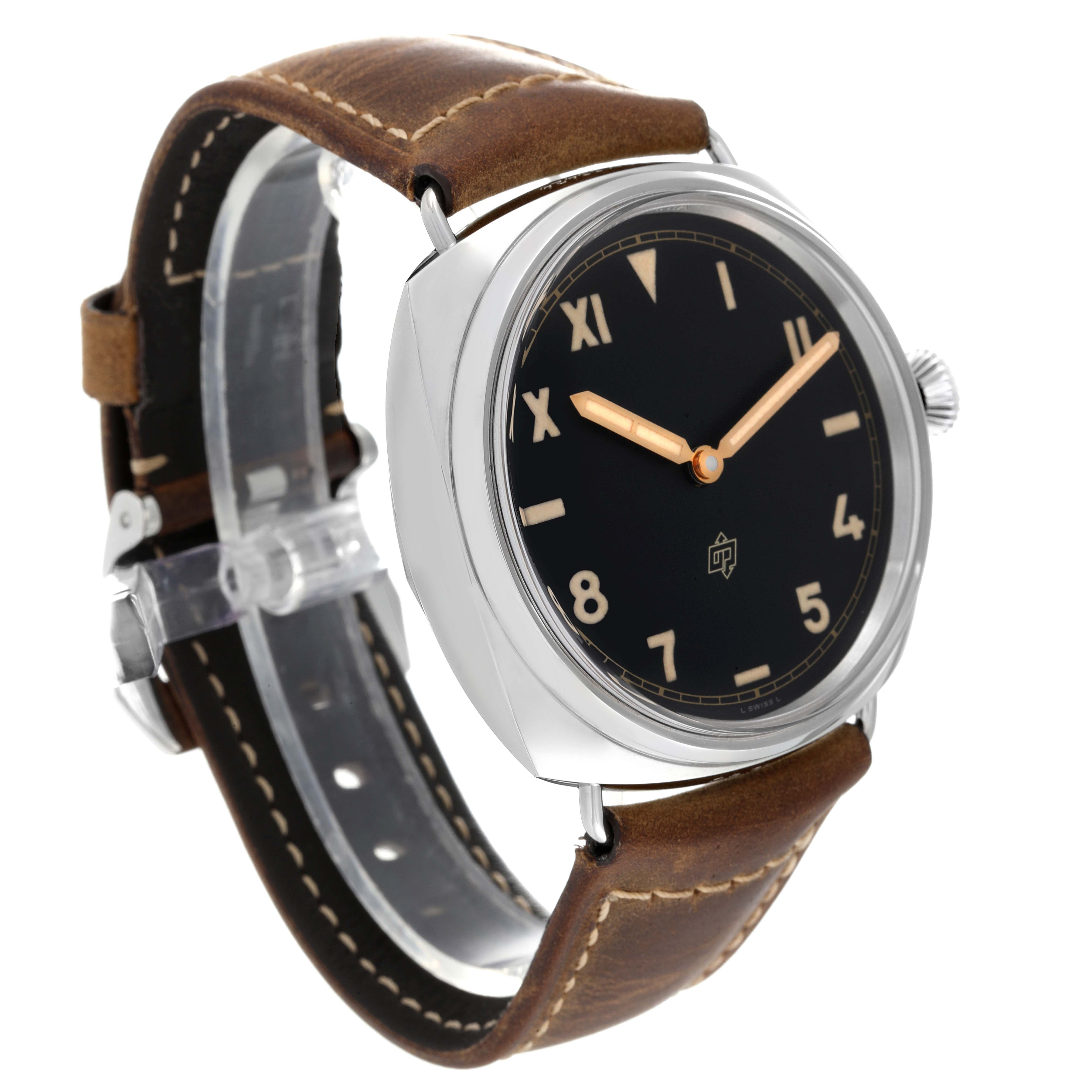The image shows a Panerai Radiomir PAM00424 Men's Stainless Steel Black Dial PAM00424 Men's Stainless Steel Black Dial watch at an angled view, highlighting its dial, brown leather strap, and crown.