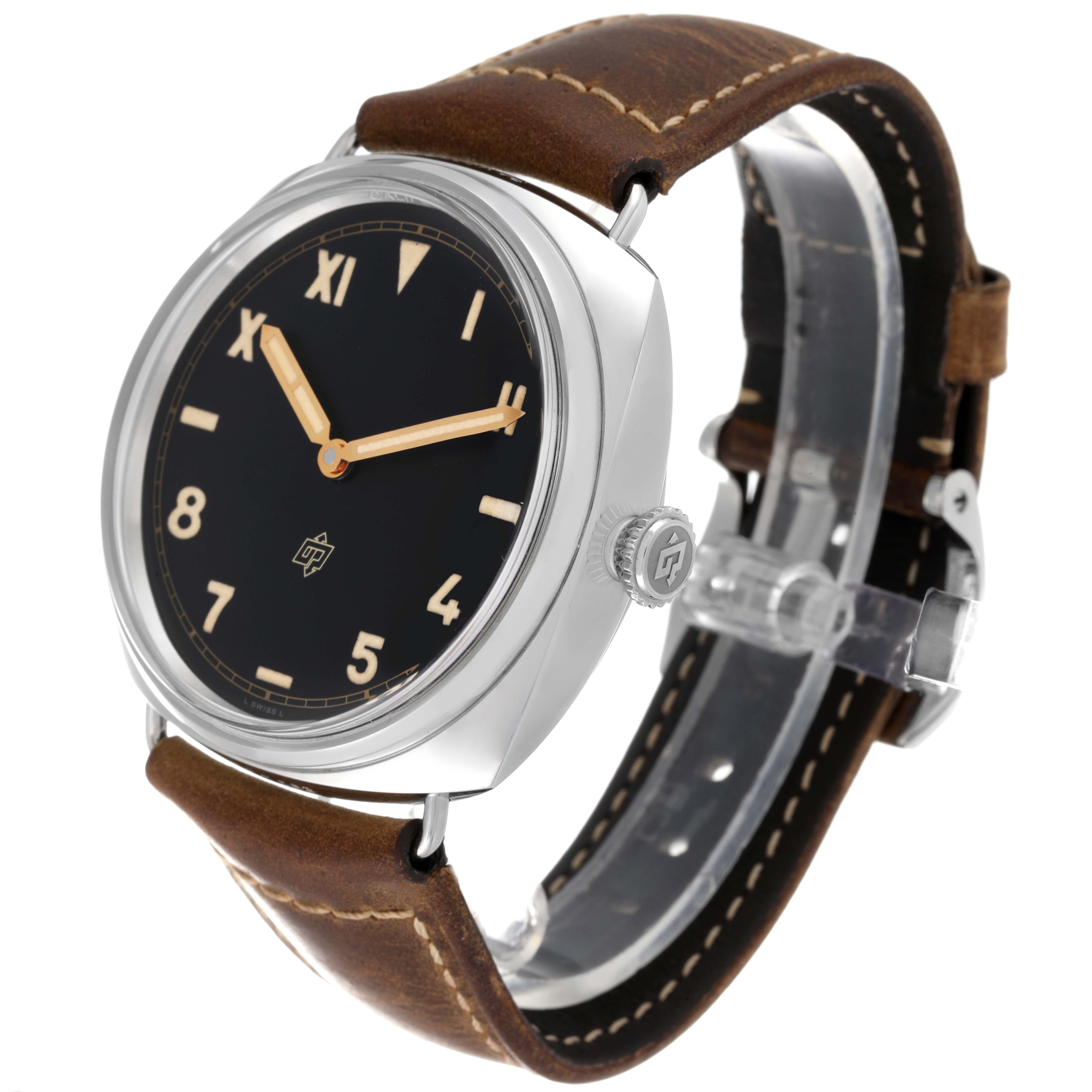 The Panerai Radiomir PAM00424 Men's Stainless Steel Black Dial PAM00424 Men's Stainless Steel Black Dial watch is shown at a slight angle, highlighting its face, crown, and leather strap.