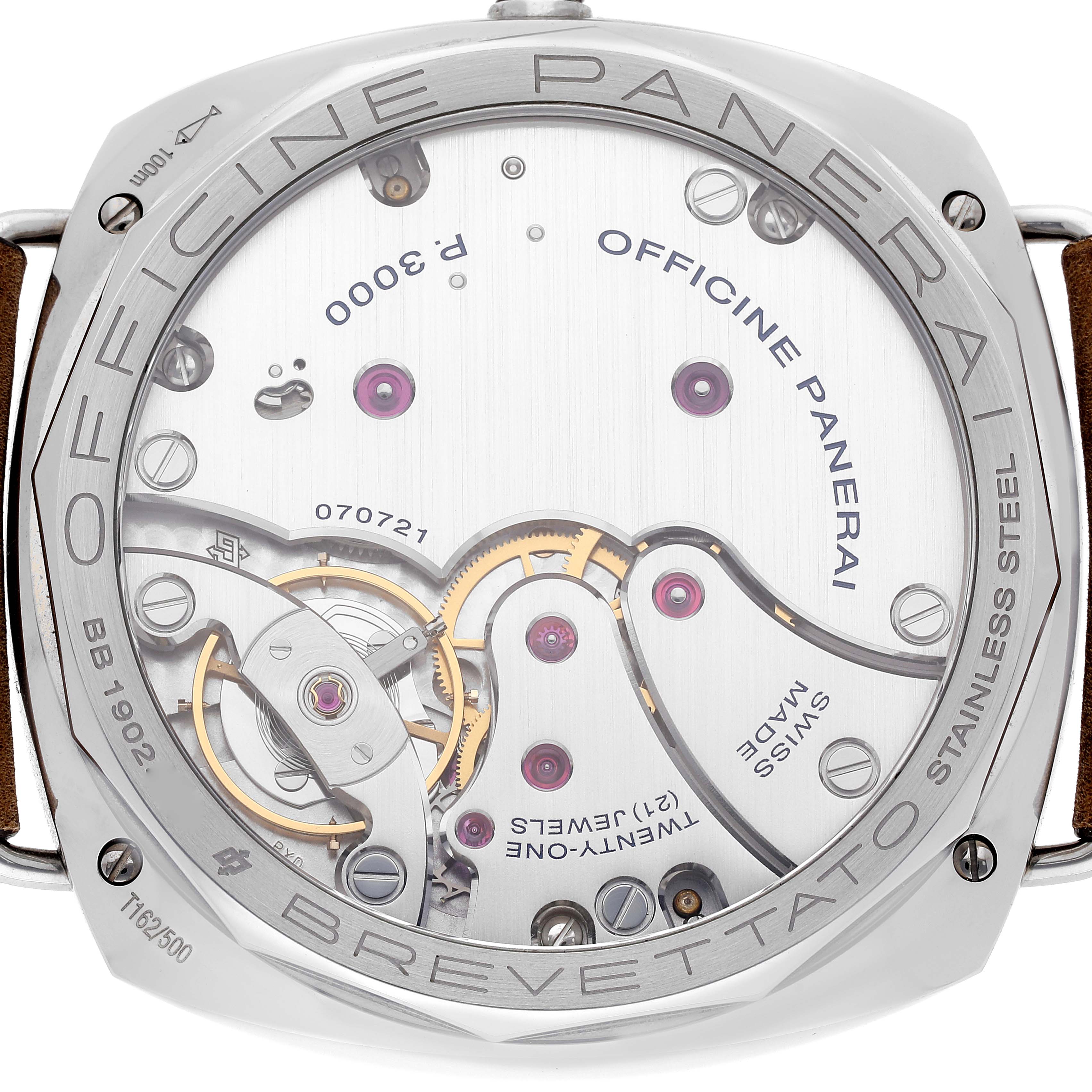 This image shows the back view of a Panerai Radiomir PAM00424 Men's Stainless Steel Black Dial PAM00424 Men's Stainless Steel Black Dial watch, highlighting its inner mechanical movements and parts.