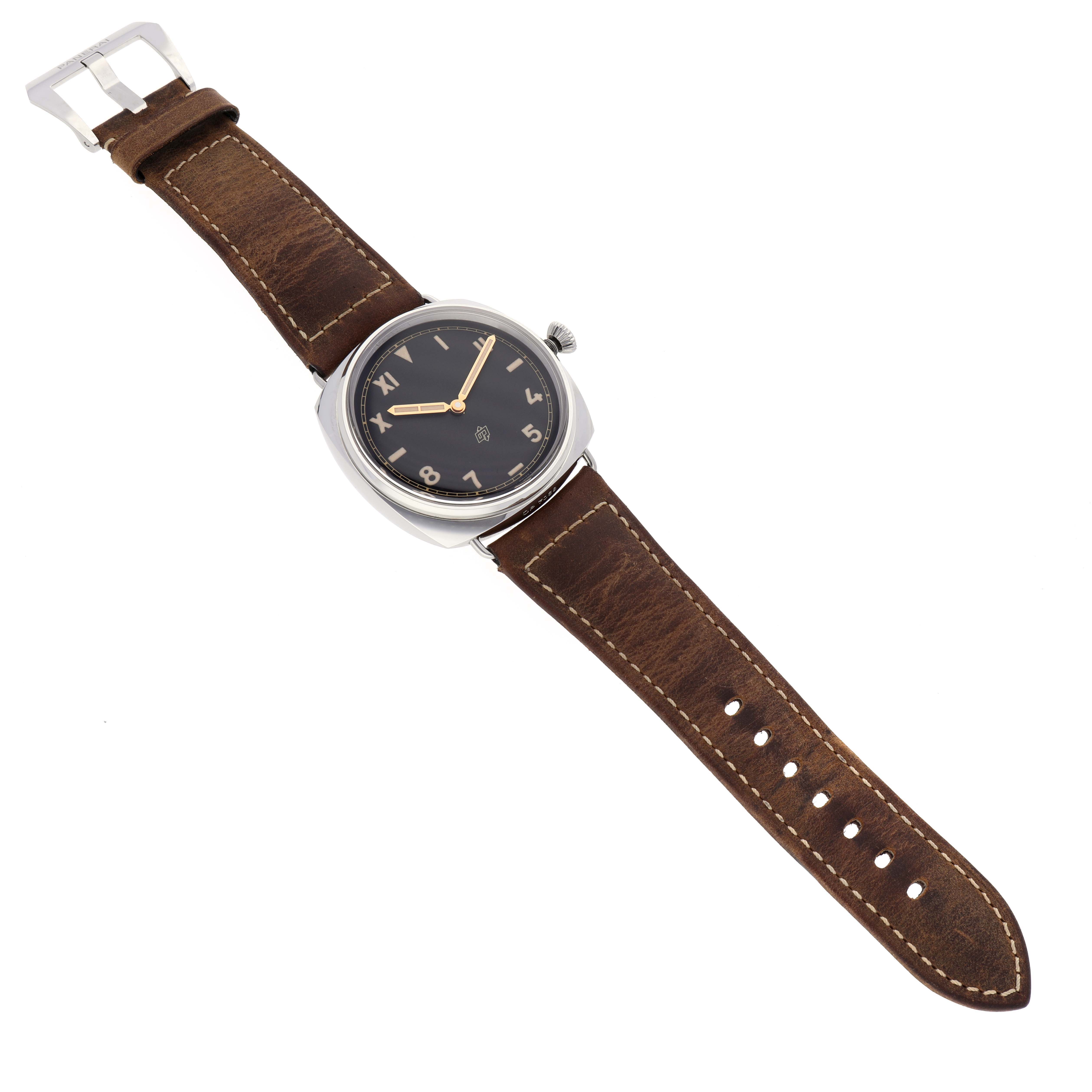 The image shows a Panerai Radiomir PAM00424 Men's Stainless Steel Black Dial PAM00424 Men's Stainless Steel Black Dial watch from a top-down angle, displaying its black dial, brown leather strap, and buckle.