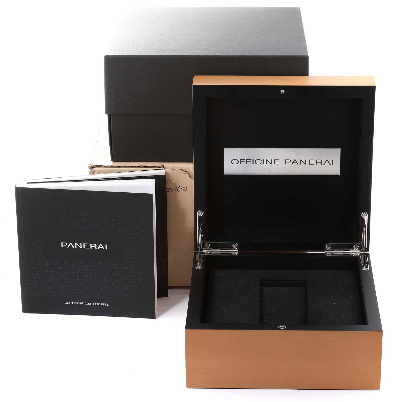 The image shows a Panerai Radiomir PAM00424 Men's Stainless Steel Black Dial PAM00424 Men's Stainless Steel Black Dial watch box, along with its certificates and exterior packaging, viewed from the front.