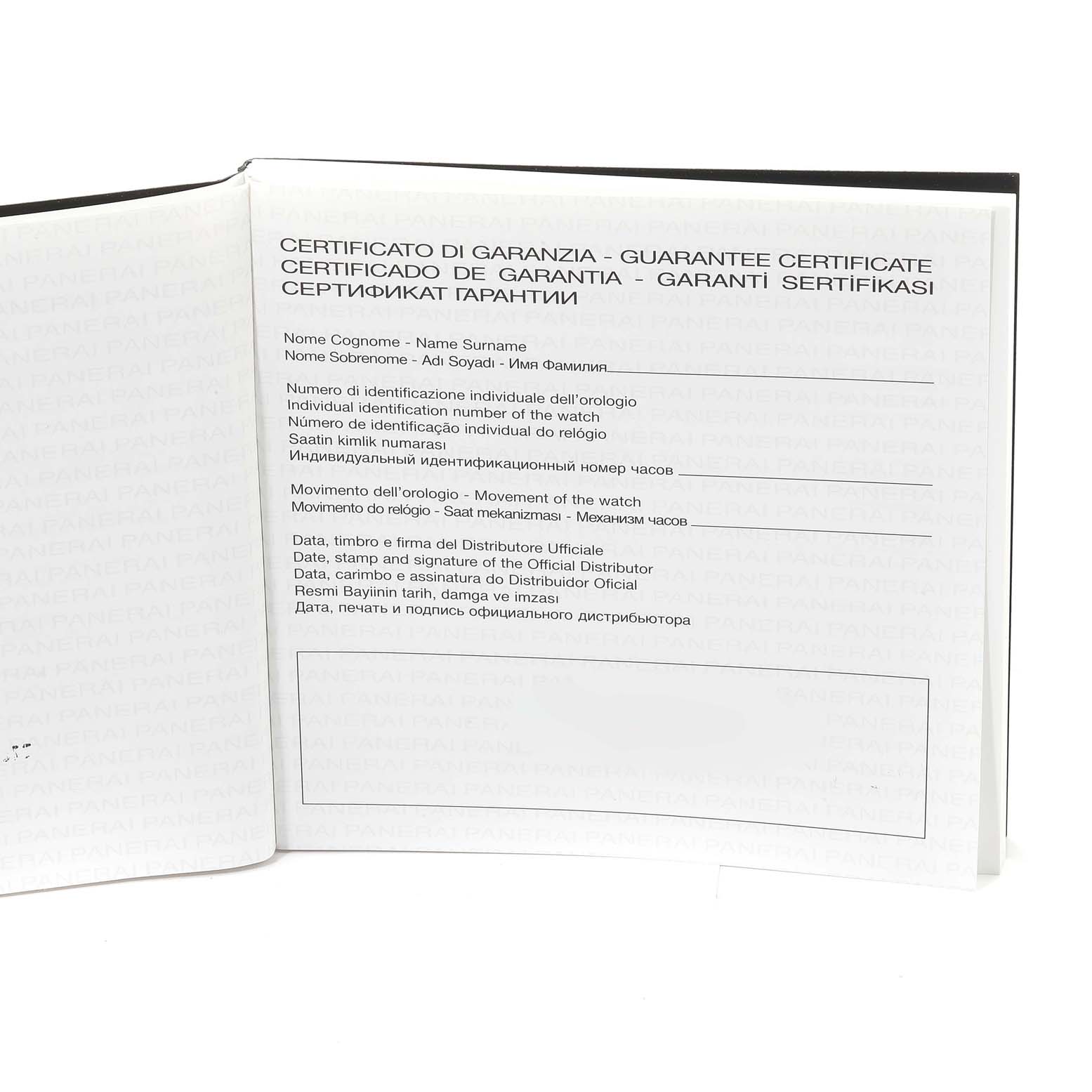The image shows an open guarantee certificate booklet for a Radiomir model by Panerai.