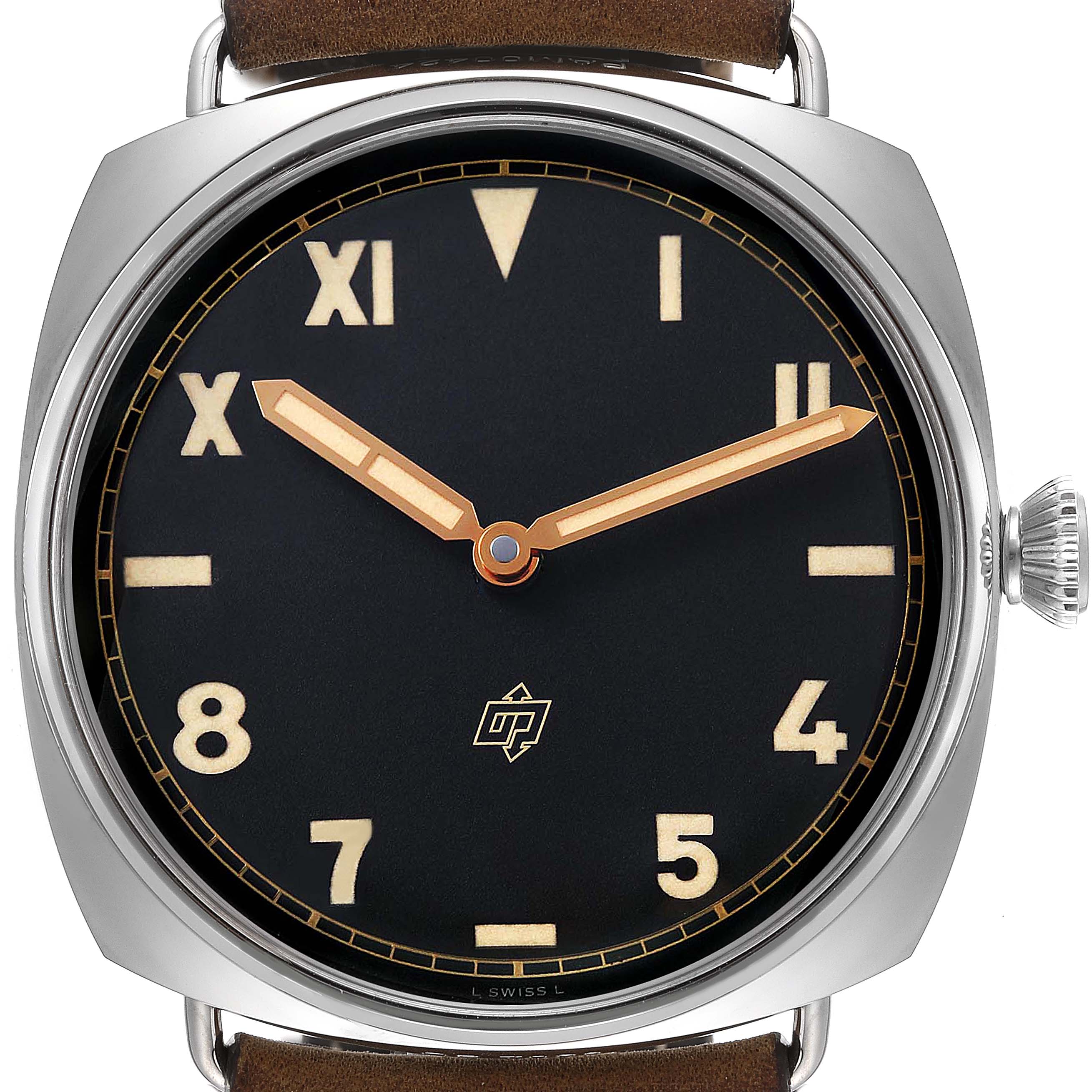 This image shows a close-up, front-facing view of the Panerai Radiomir PAM00424 Men's Stainless Steel Black Dial PAM00424 Men's Stainless Steel Black Dial watch, highlighting its dial, hands, and crown.