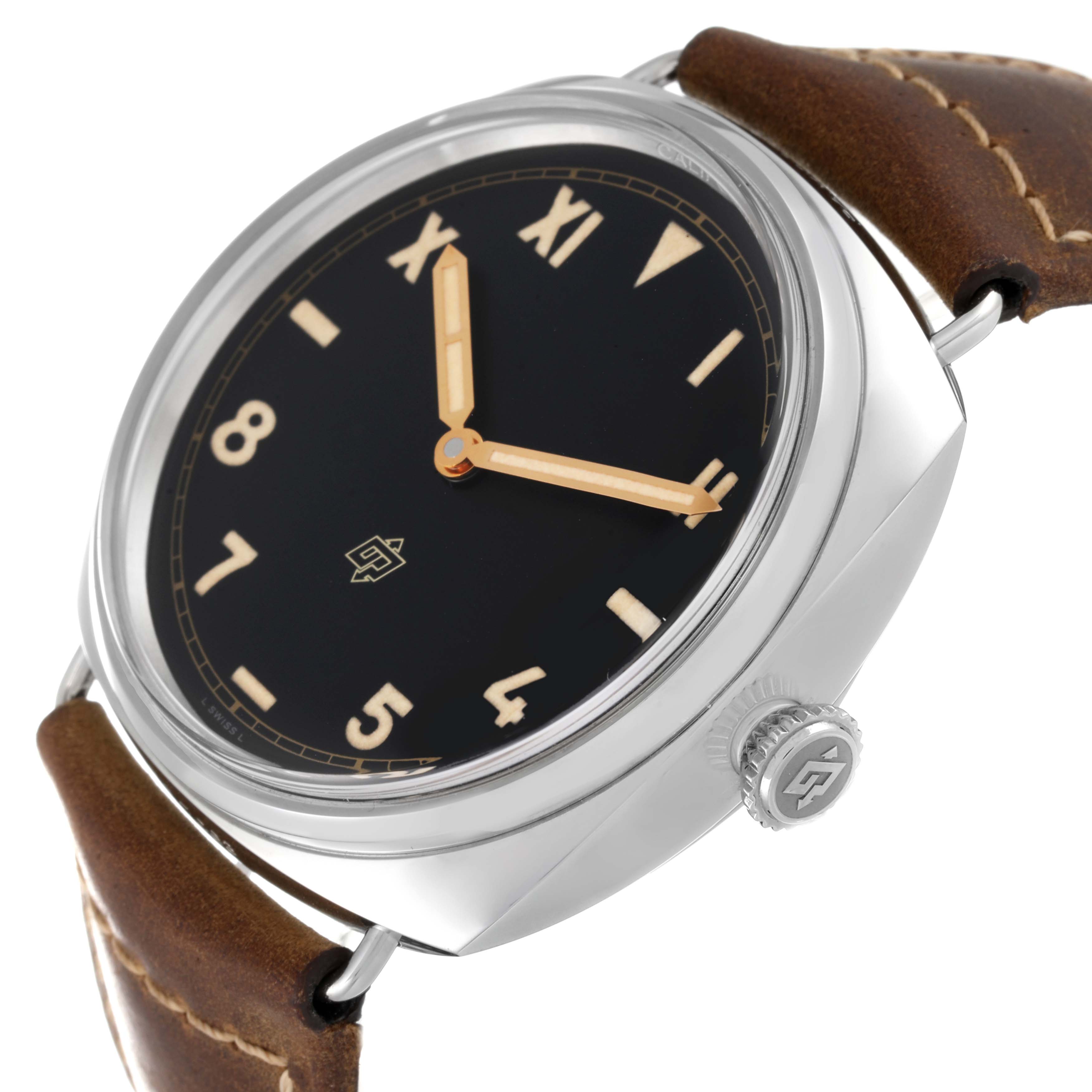 This image shows a Panerai Radiomir PAM00424 Men's Stainless Steel Black Dial PAM00424 Men's Stainless Steel Black Dial watch at a slight angle, highlighting the face, bezel, crown, and leather strap.