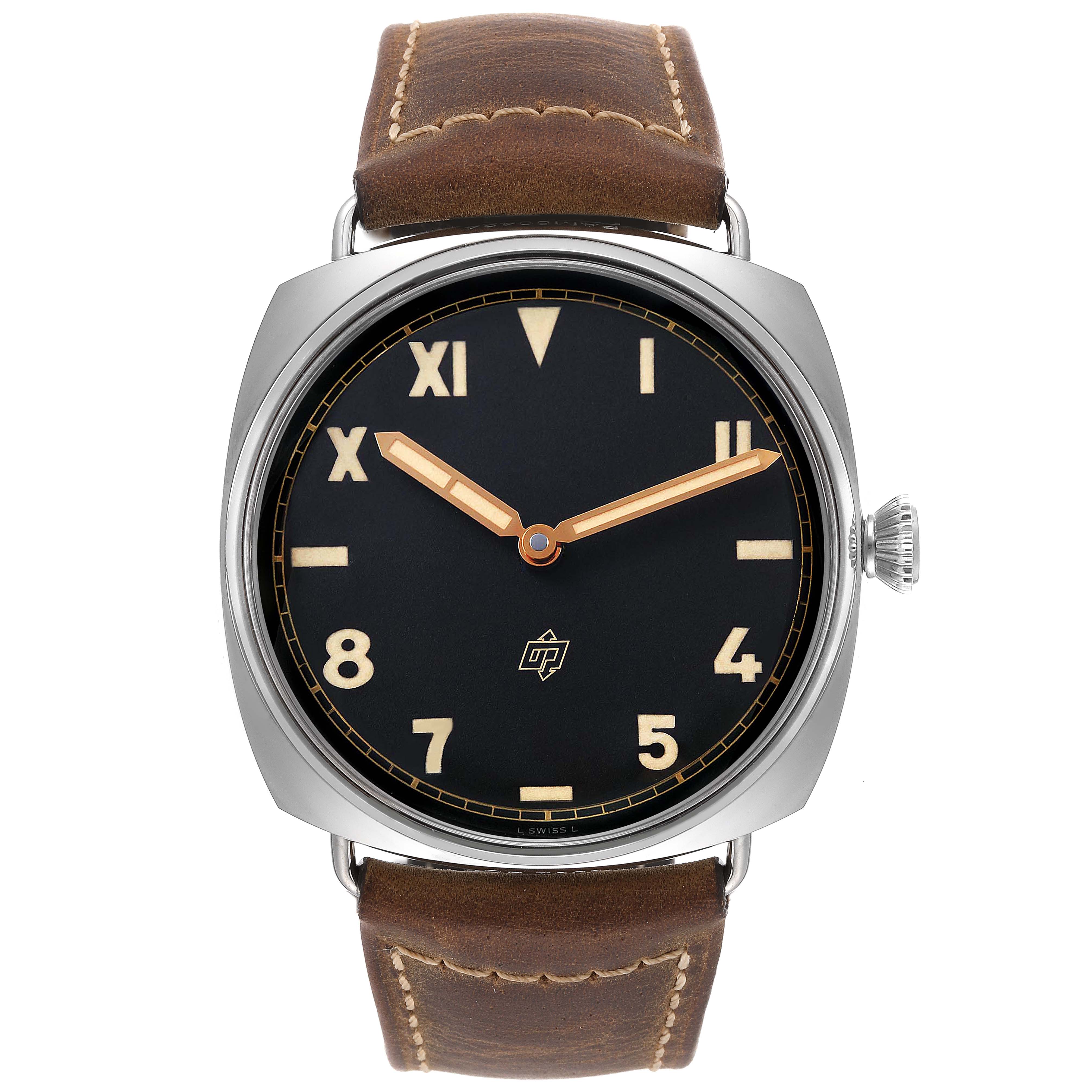 This image shows a frontal view of the Panerai Radiomir PAM00424 Men's Stainless Steel Black Dial PAM00424 Men's Stainless Steel Black Dial watch featuring its face, case, crown, and leather strap.