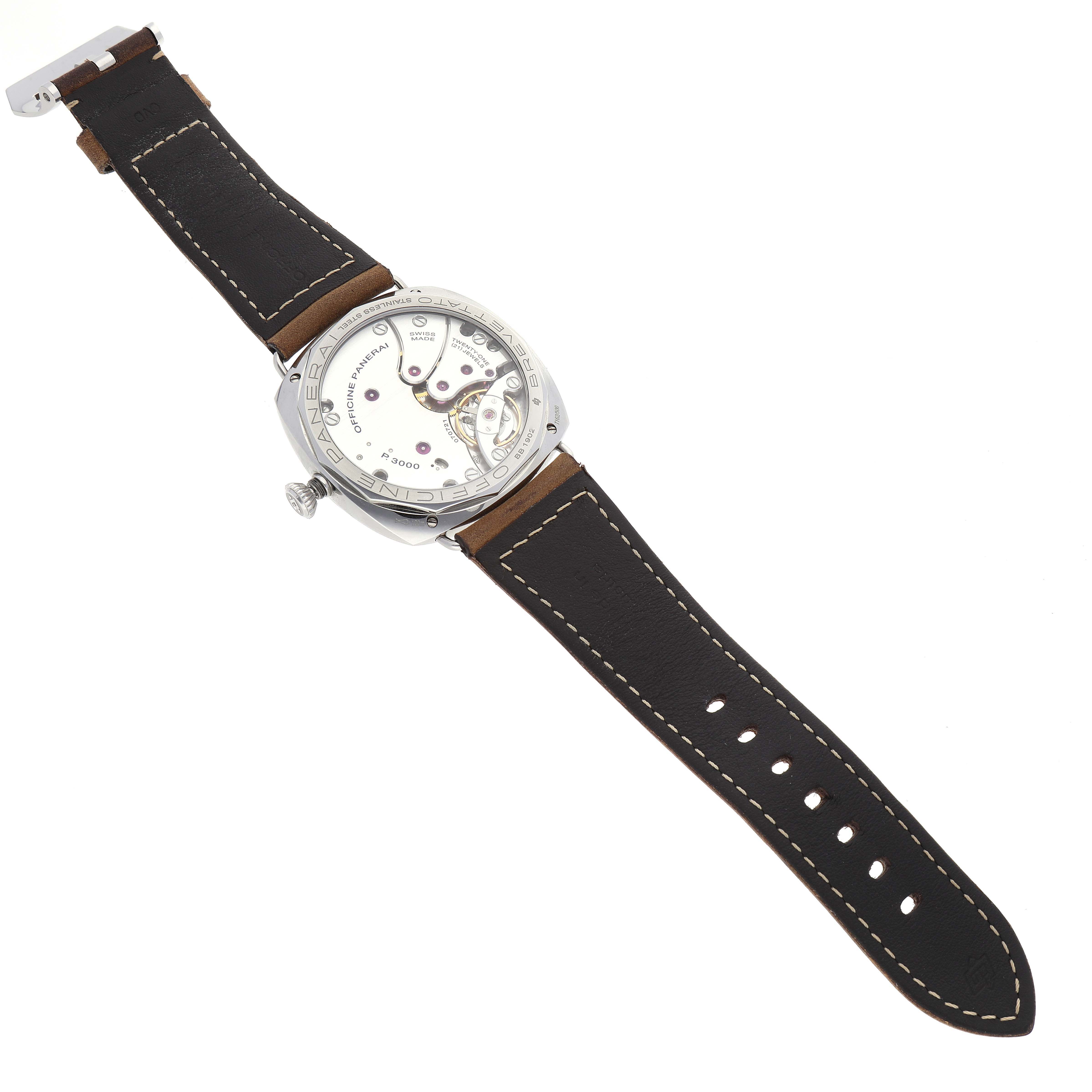 This image shows a Panerai Radiomir PAM00424 Men's Stainless Steel Black Dial PAM00424 Men's Stainless Steel Black Dial watch from the back, featuring a visible movement and a black leather strap with stitching.