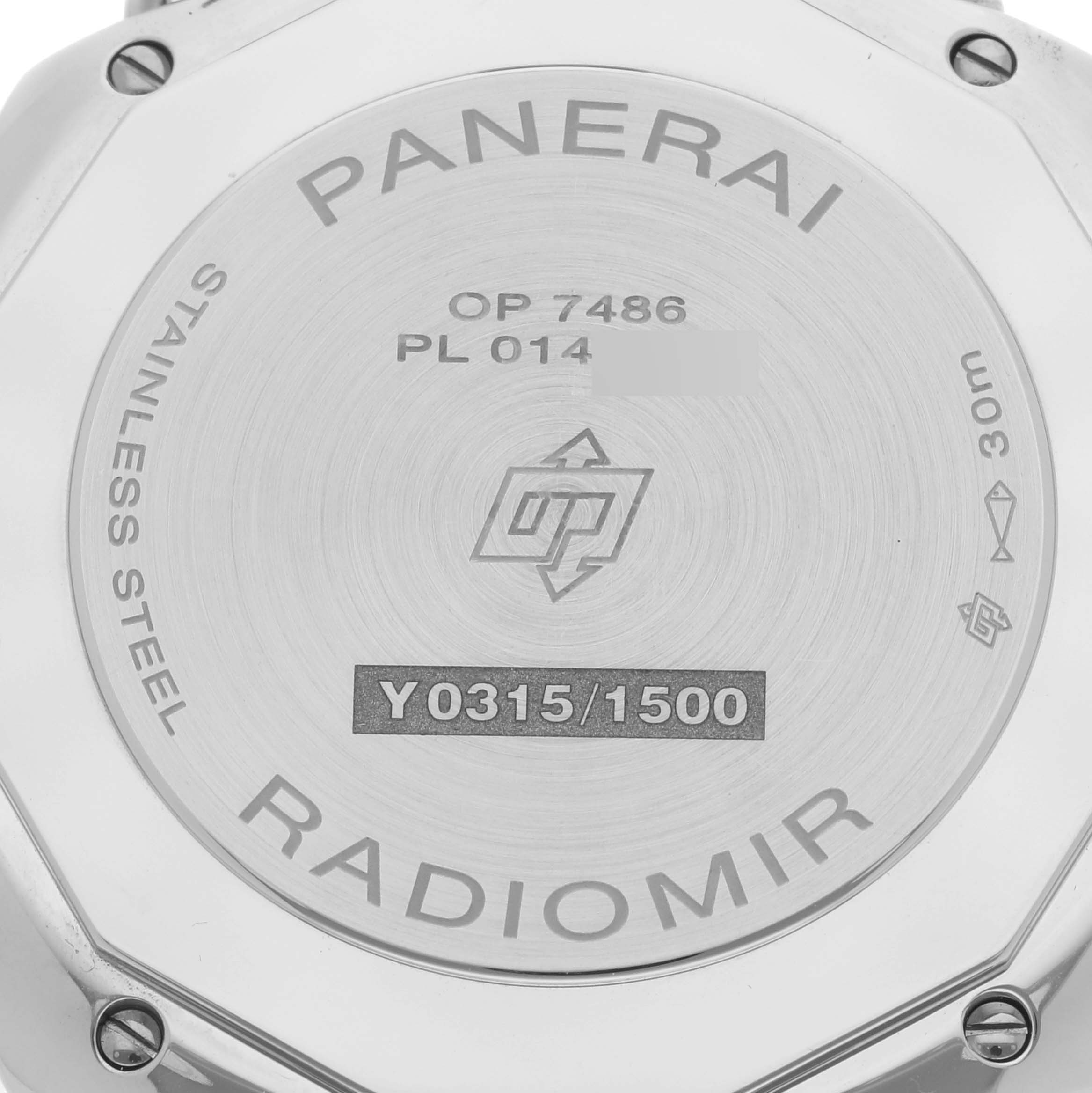 This image shows the back casing of the Panerai Radiomir PAM01292 Men's Stainless Steel White Dial PAM01292 Men's Stainless Steel White Dial watch, highlighting its serial and model numbers.