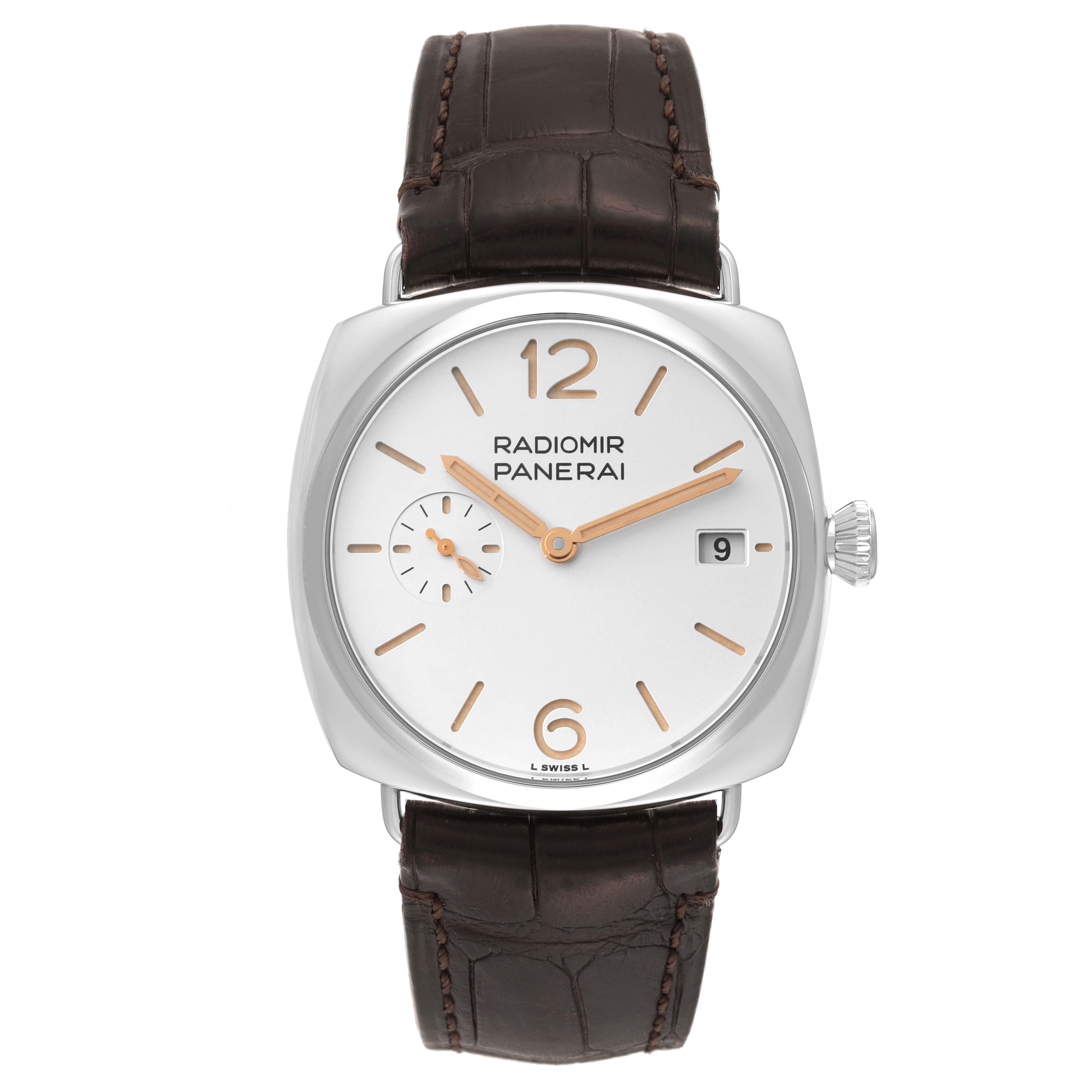 The Panerai Radiomir PAM01292 Men's Stainless Steel White Dial PAM01292 Men's Stainless Steel White Dial watch is shown from the front, displaying its face, brown leather strap, and crown.