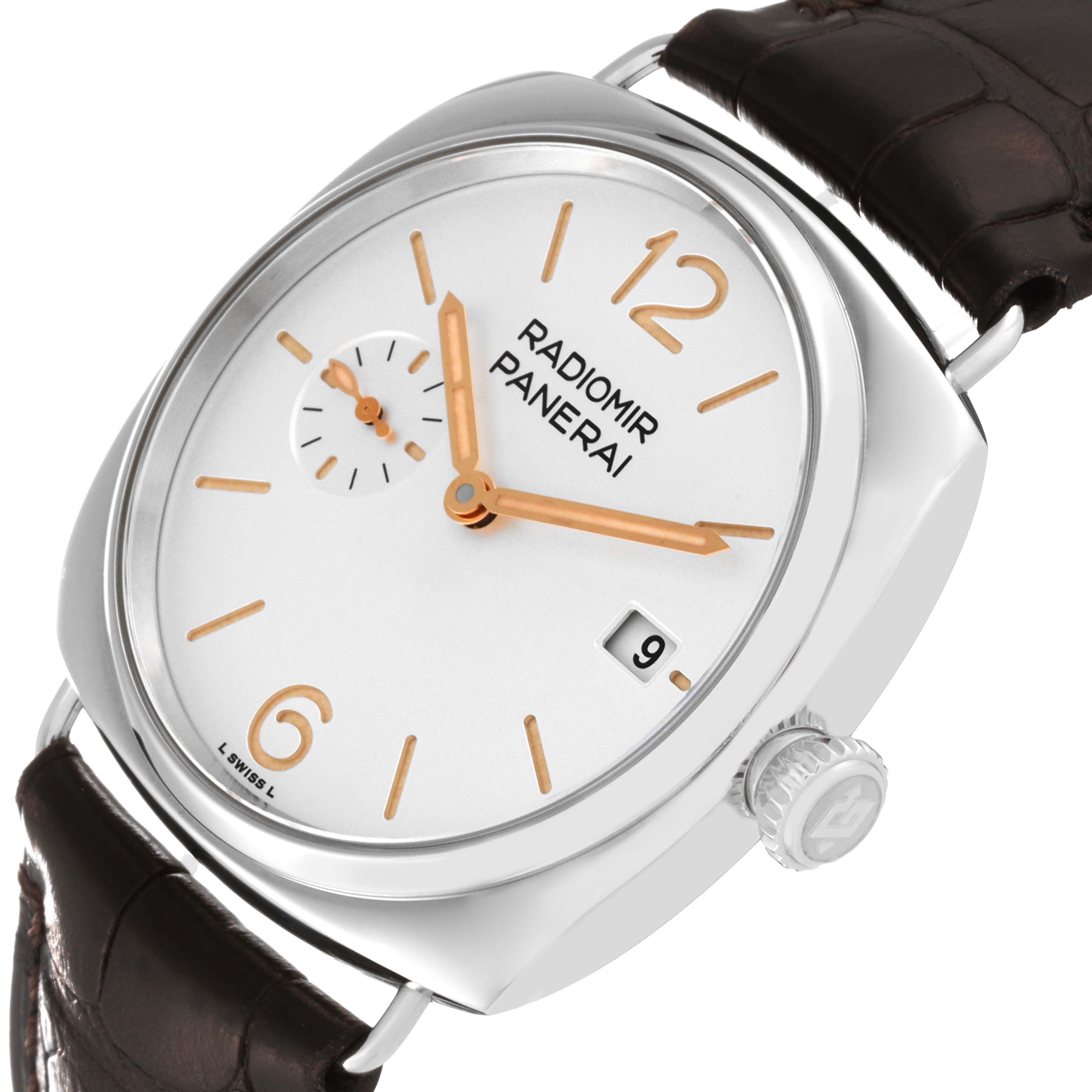 The image shows a Panerai Radiomir PAM01292 Men's Stainless Steel White Dial PAM01292 Men's Stainless Steel White Dial watch at an angled close-up, highlighting the face, hands, crown, and strap.