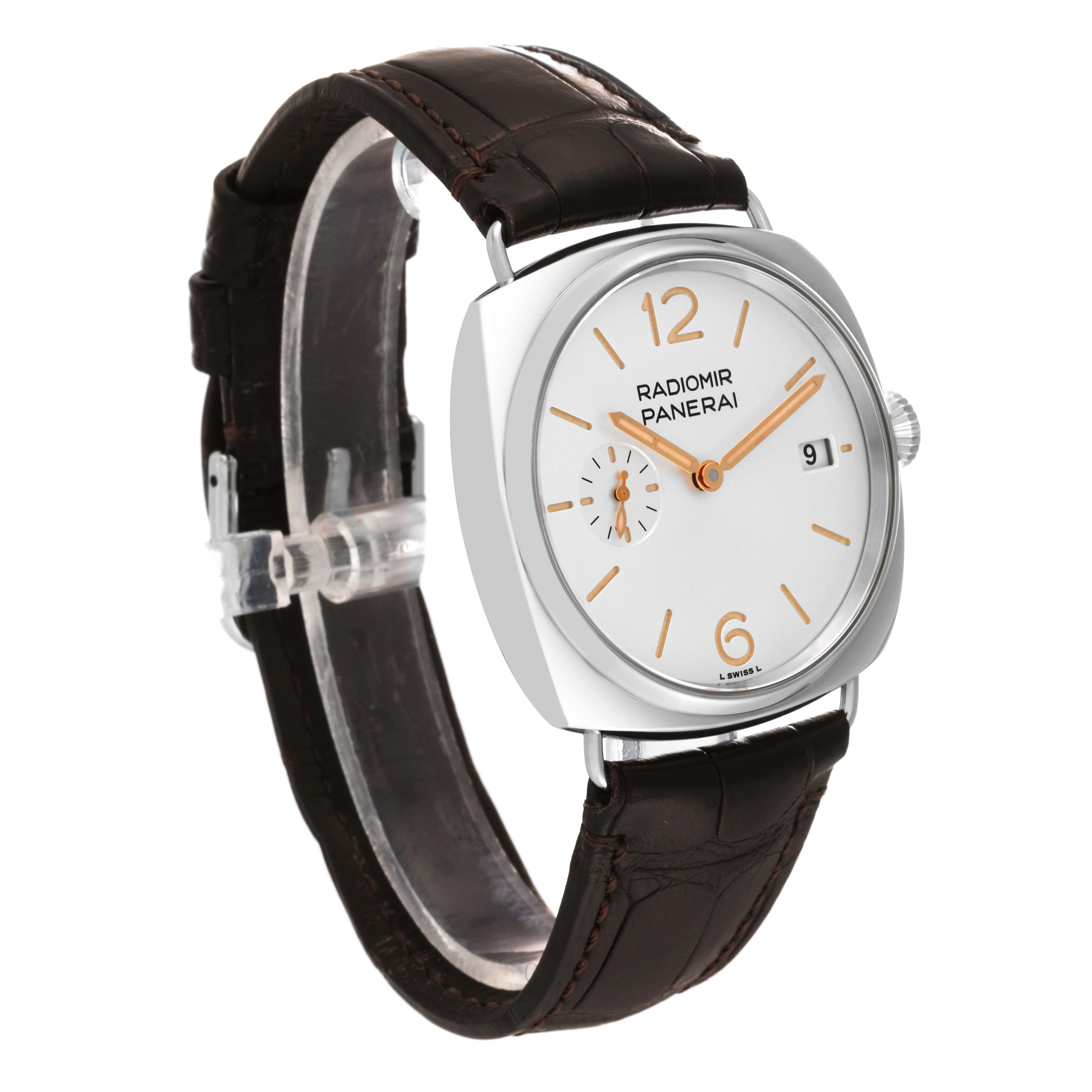 The Panerai Radiomir PAM01292 Men's Stainless Steel White Dial PAM01292 Men's Stainless Steel White Dial watch is shown at a three-quarter angle, highlighting its face, strap, crown, and lugs.